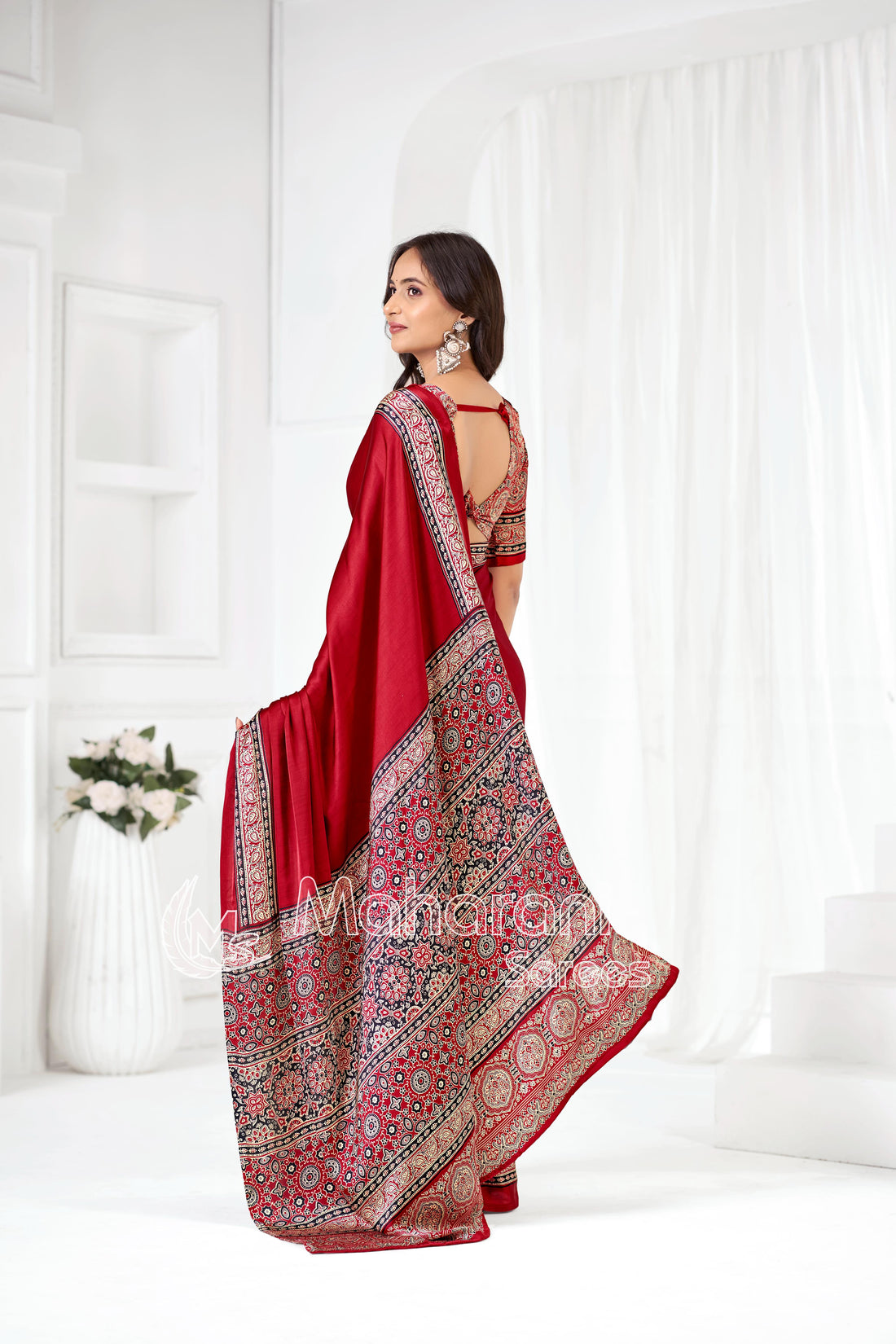 Maroon Ajrakh Hand-Printed Modal Silk Saree With Blouse