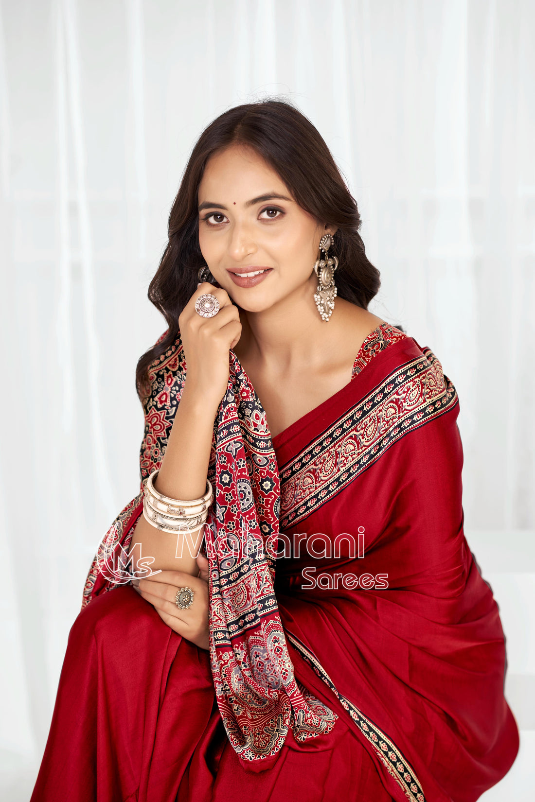 Maroon Ajrakh Hand-Printed Modal Silk Saree With Blouse