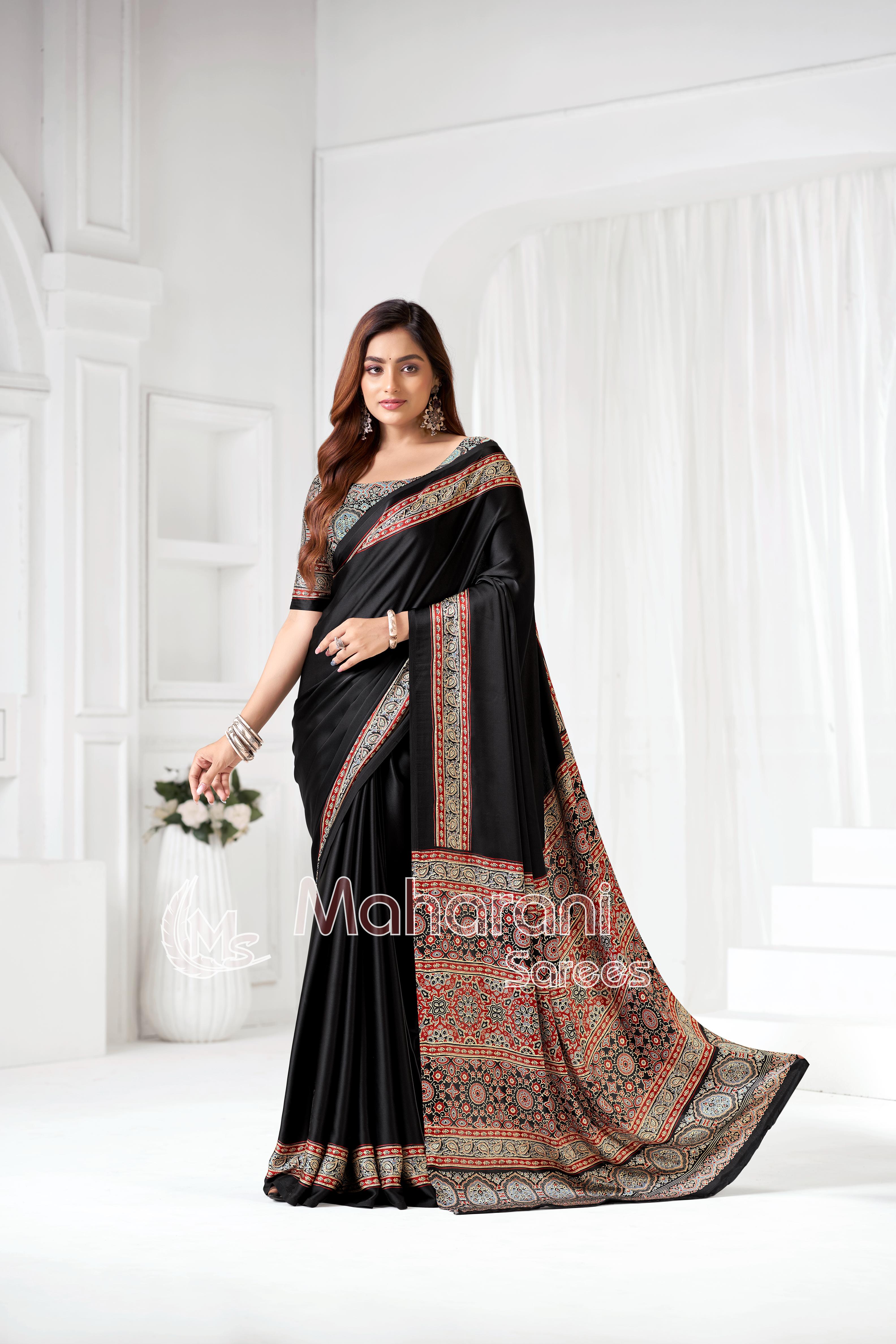 Black Ajrakh Hand-Printed Modal Silk Saree With Blouse