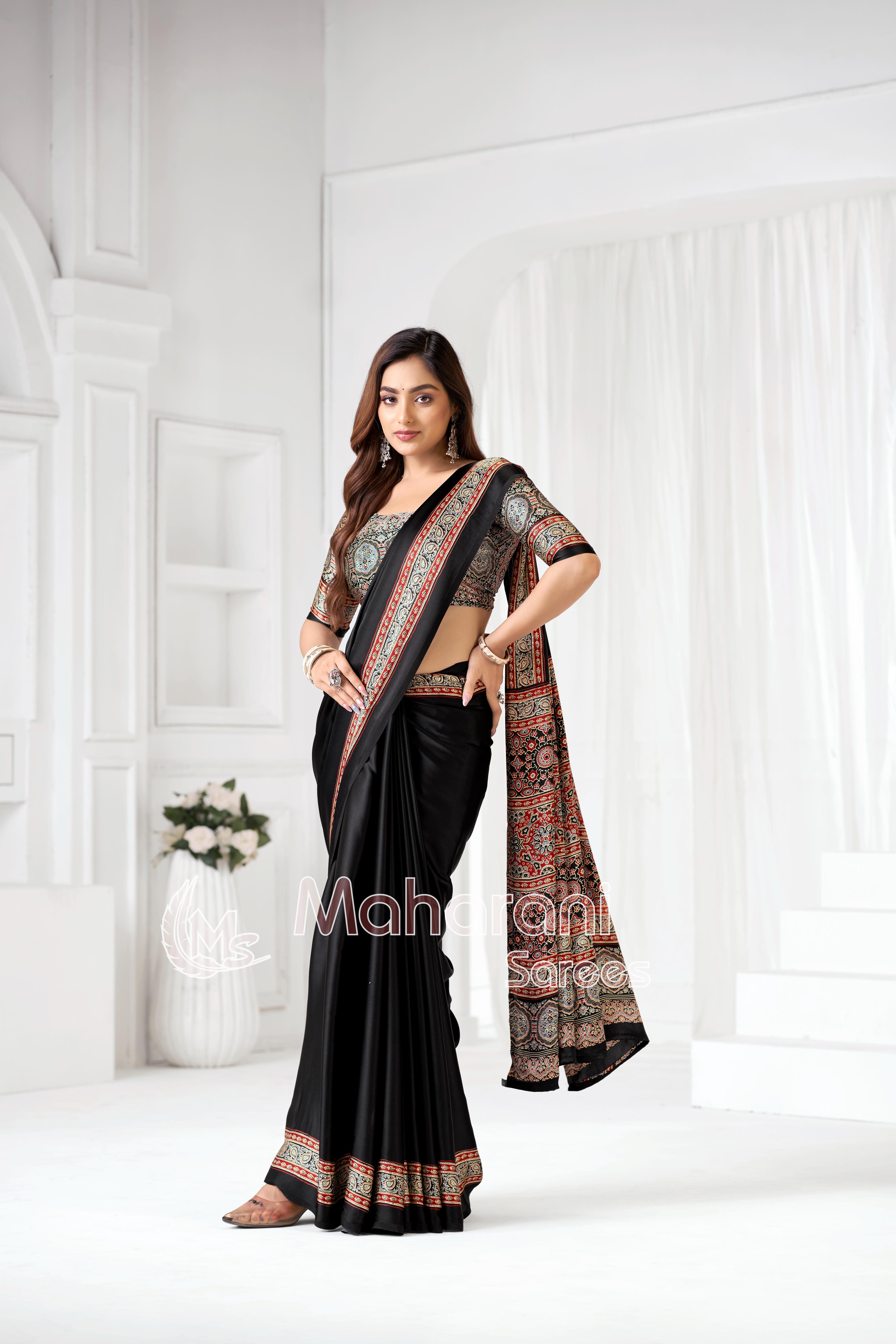 Black Ajrakh Hand-Printed Modal Silk Saree With Blouse