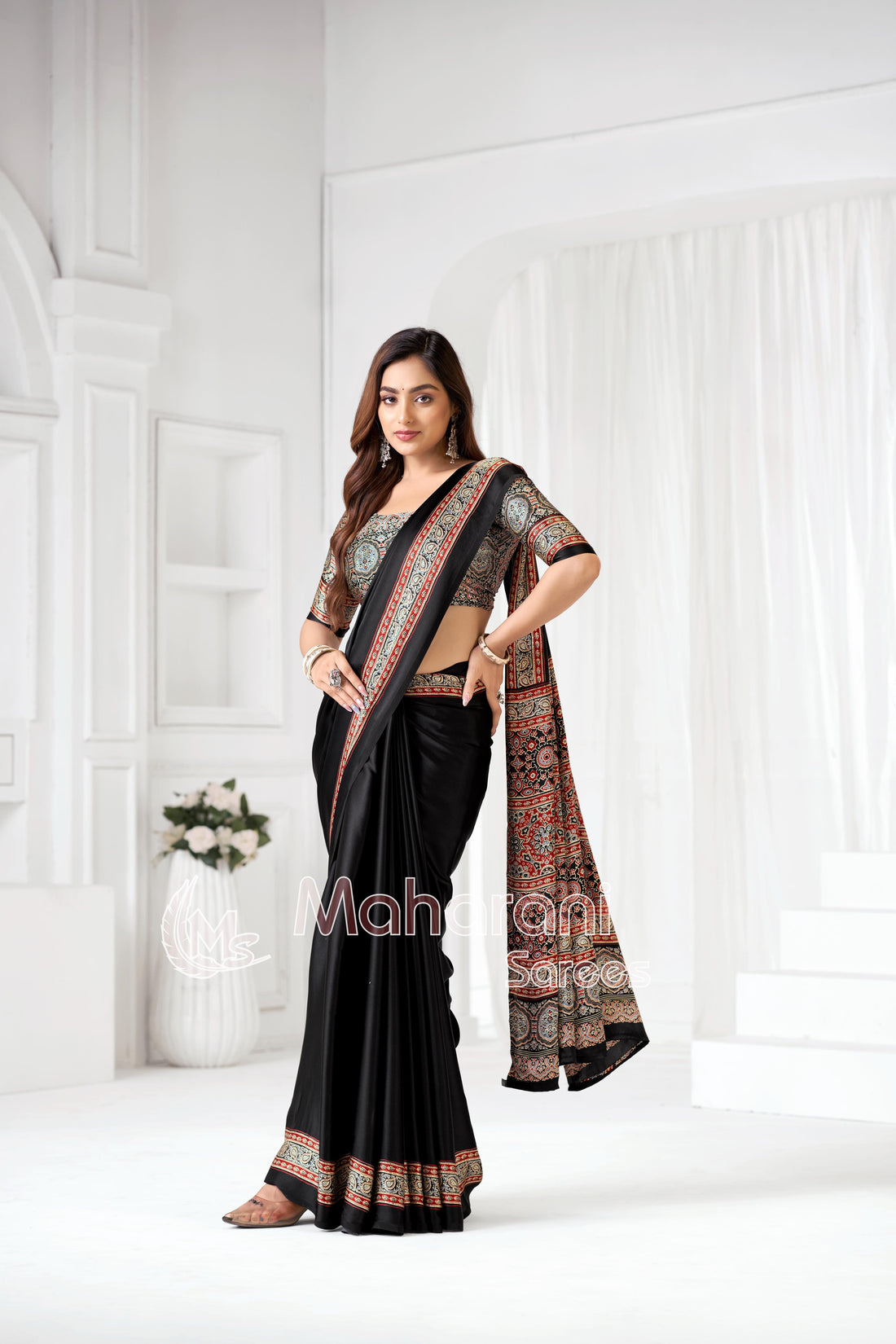 Black Ajrakh Hand-Printed Modal Silk Saree With Blouse