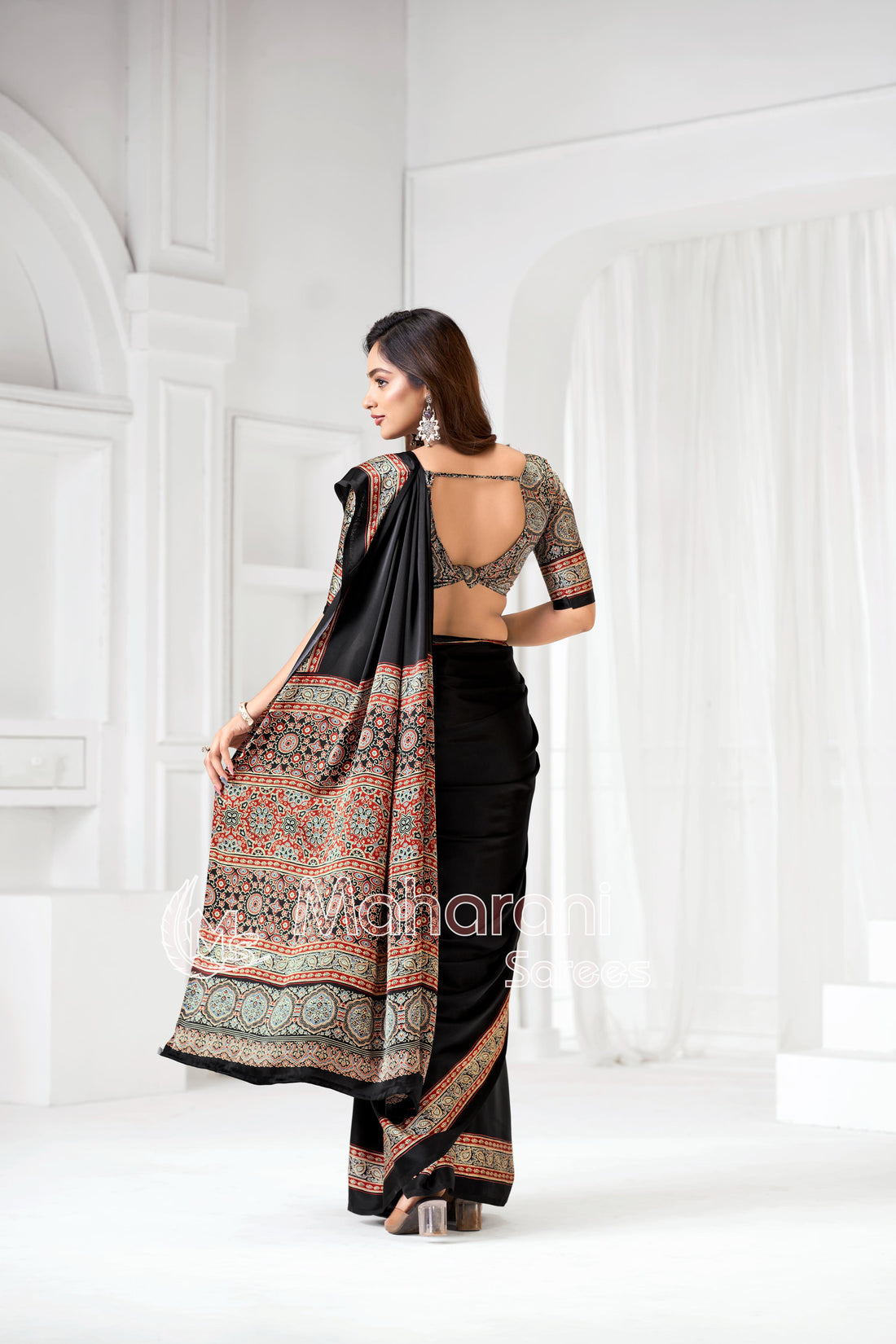 Black Ajrakh Hand-Printed Modal Silk Saree With Blouse