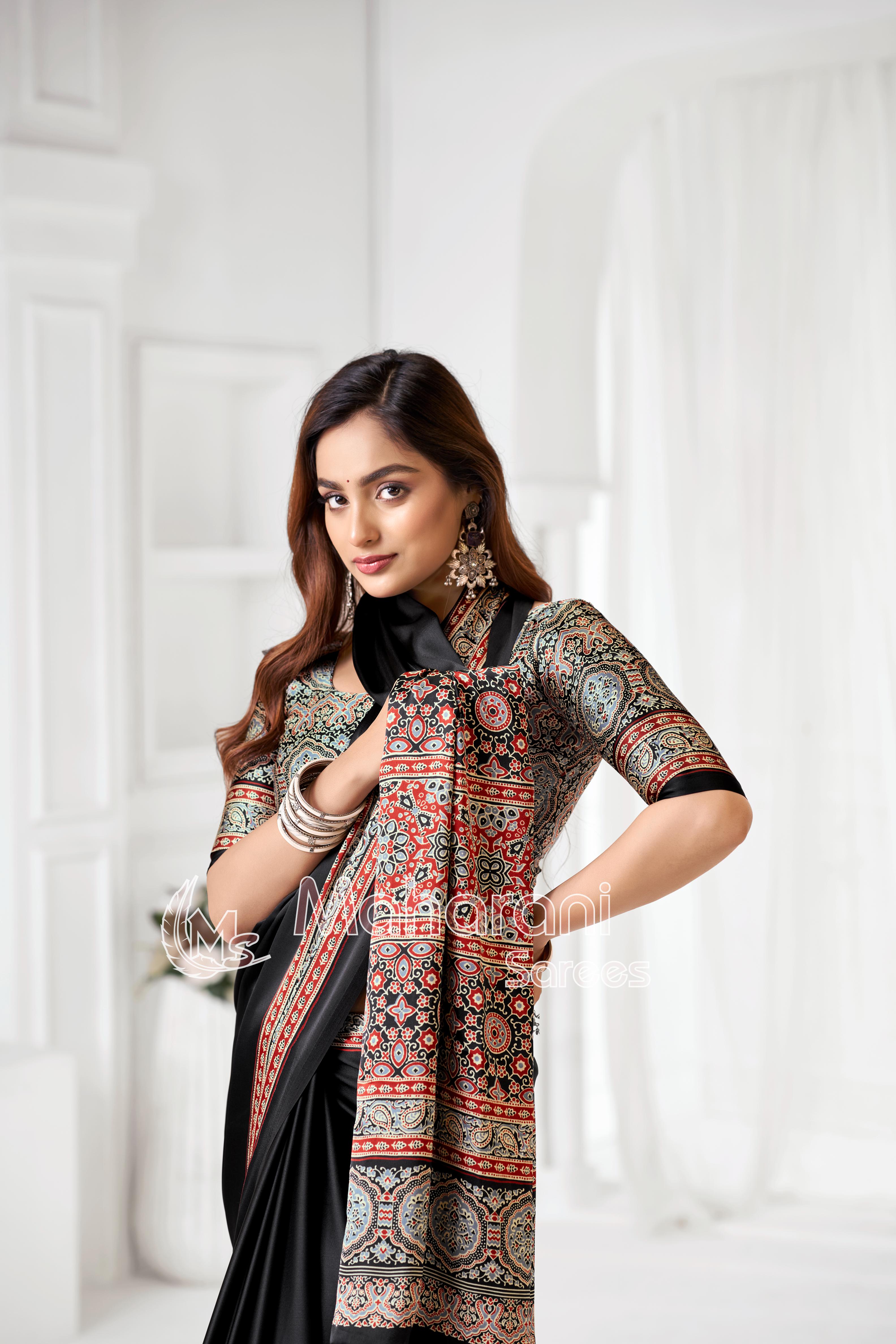 Black Ajrakh Hand-Printed Modal Silk Saree With Blouse