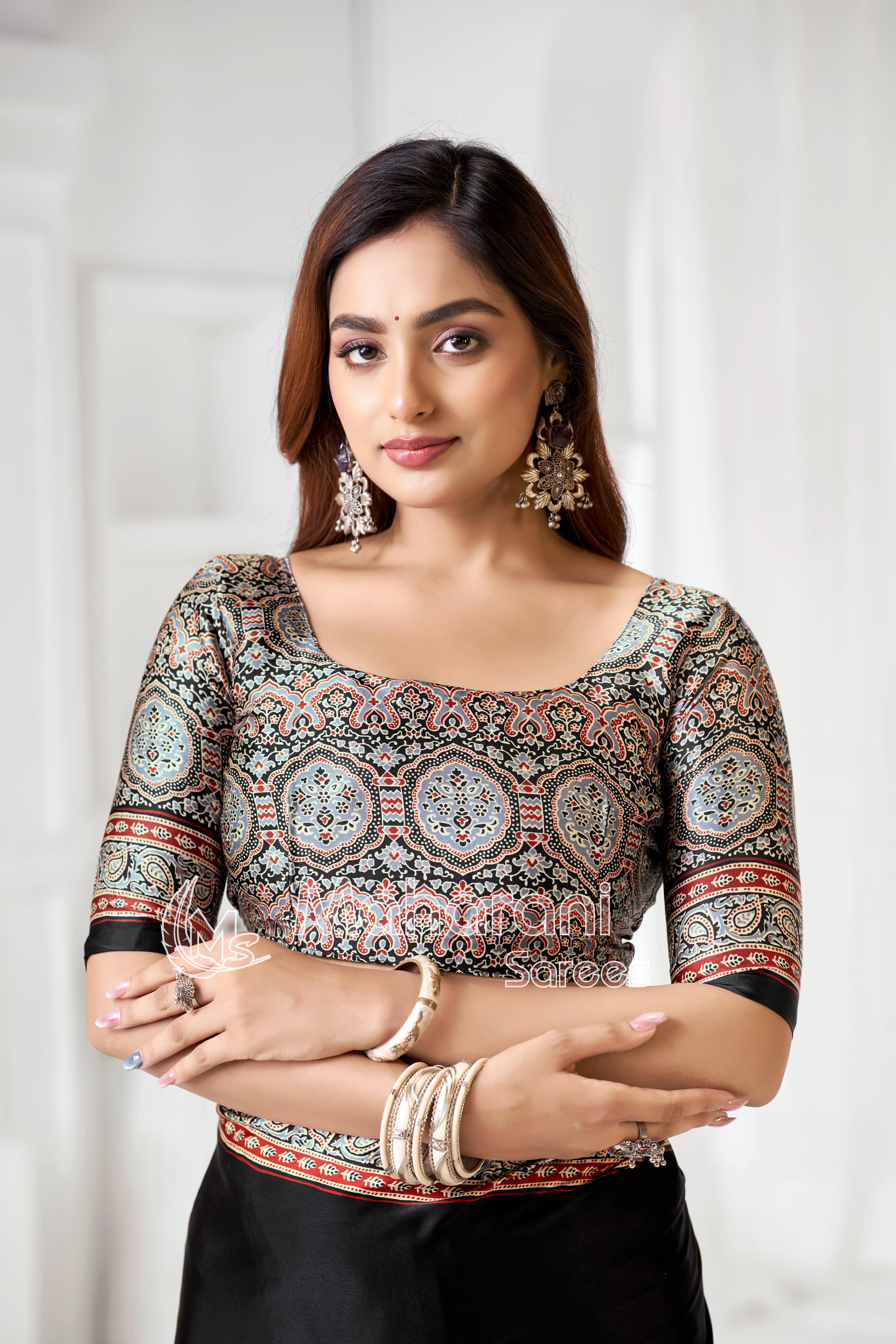 Black Ajrakh Hand-Printed Modal Silk Saree With Blouse