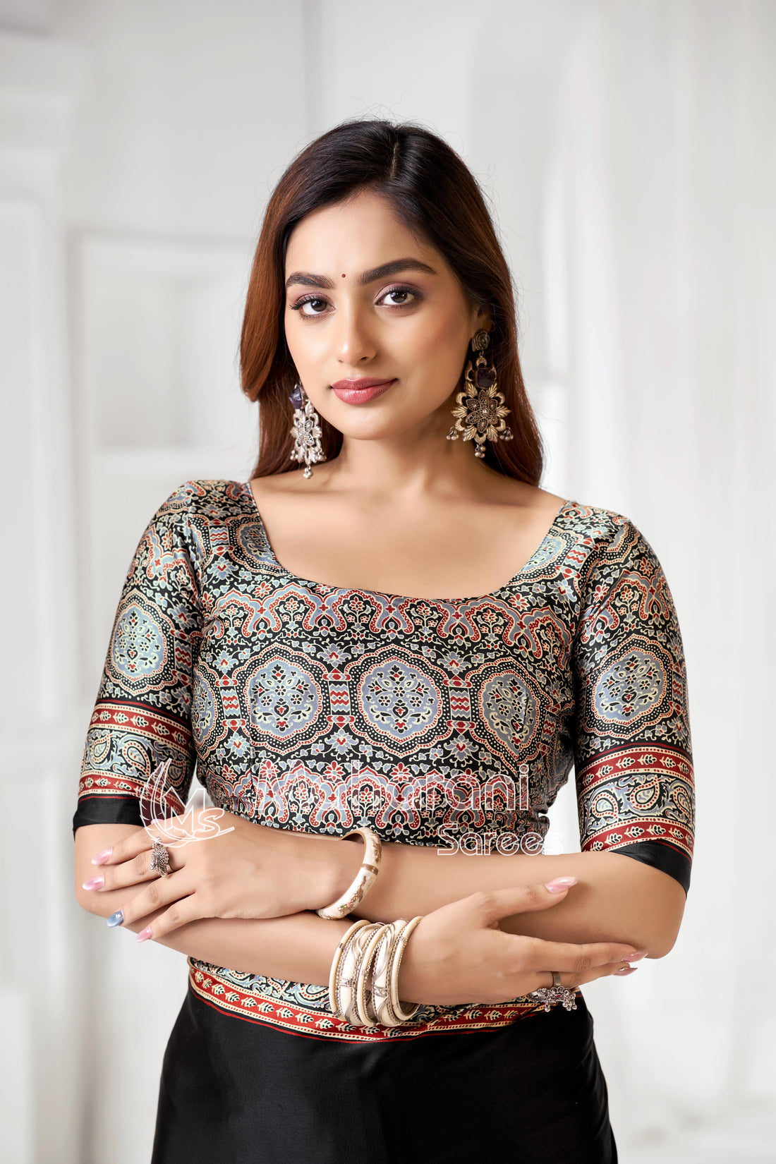 Black Ajrakh Hand-Printed Modal Silk Saree With Blouse