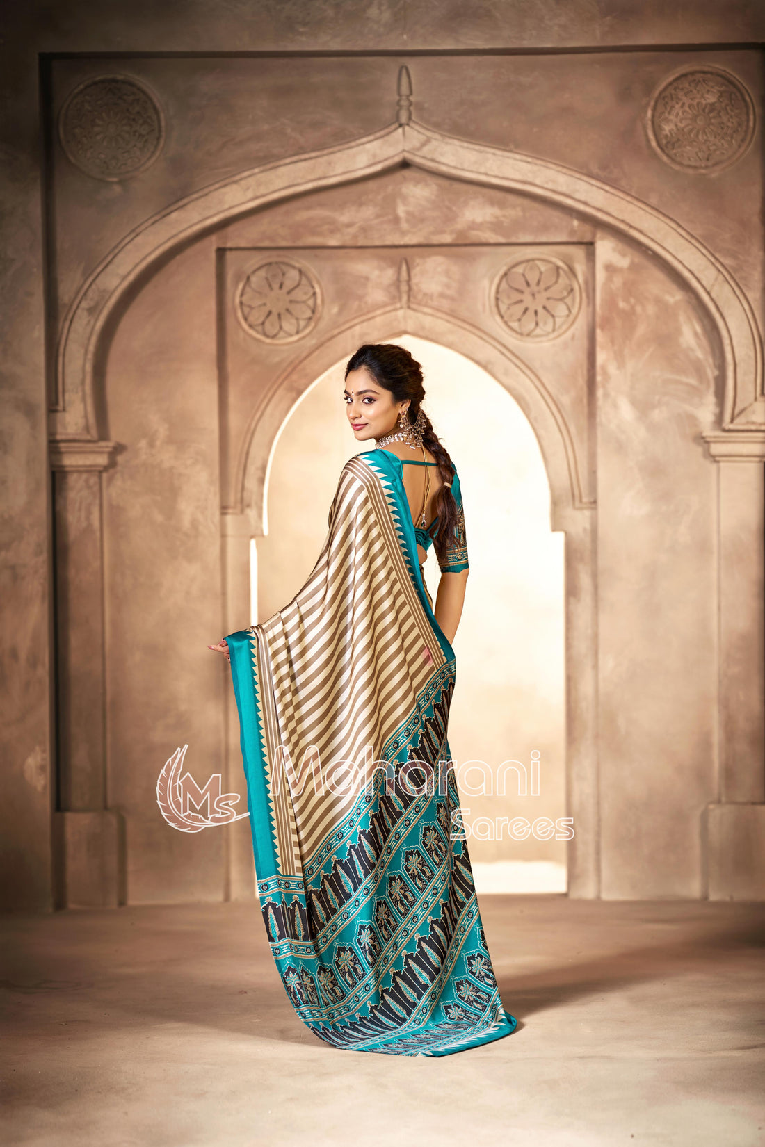 Cream With Rama Border Ajrakh Hand-Printed Modal Silk Saree