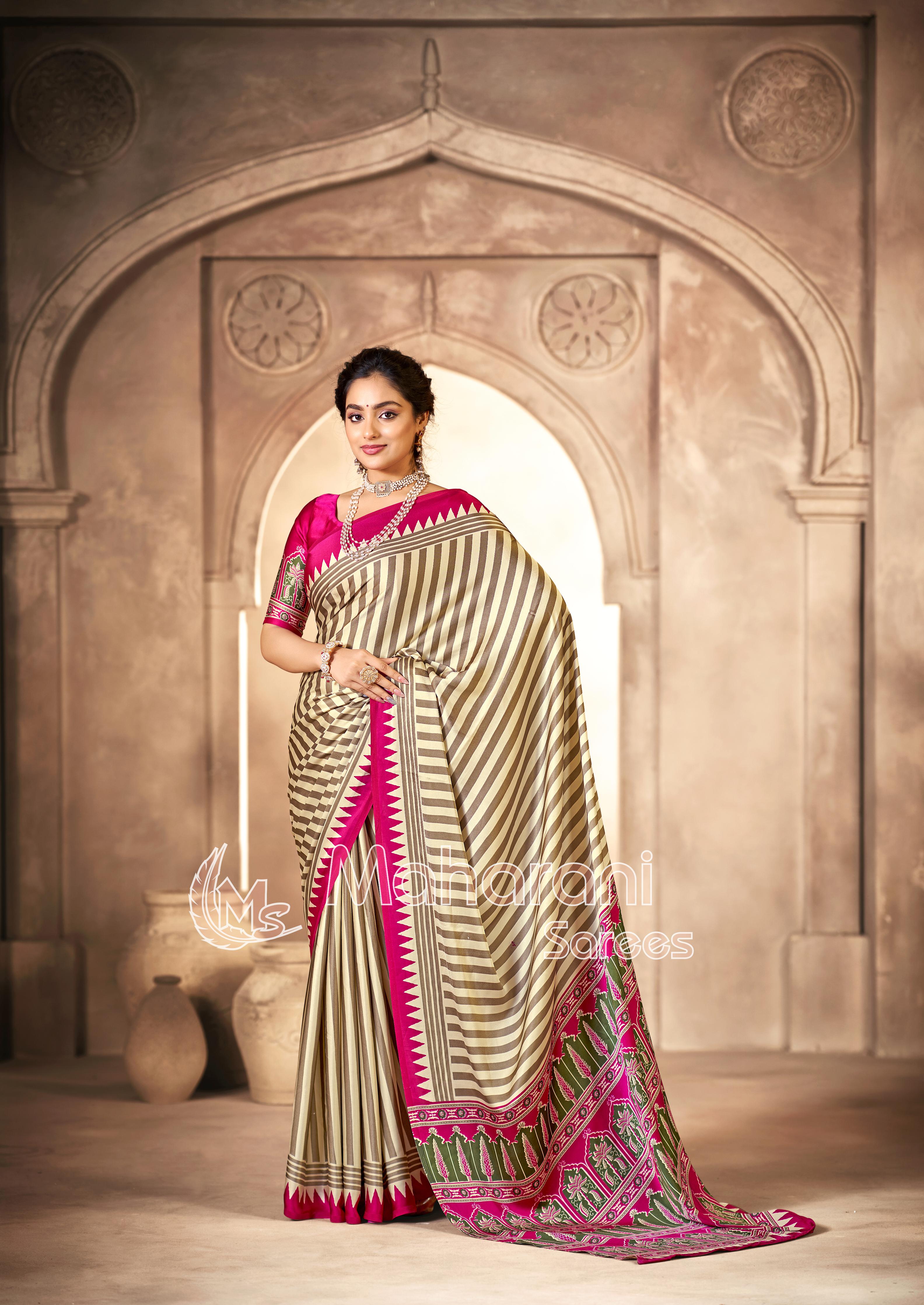 Cream With Rani Border Ajrakh Hand-Printed Modal Silk Saree