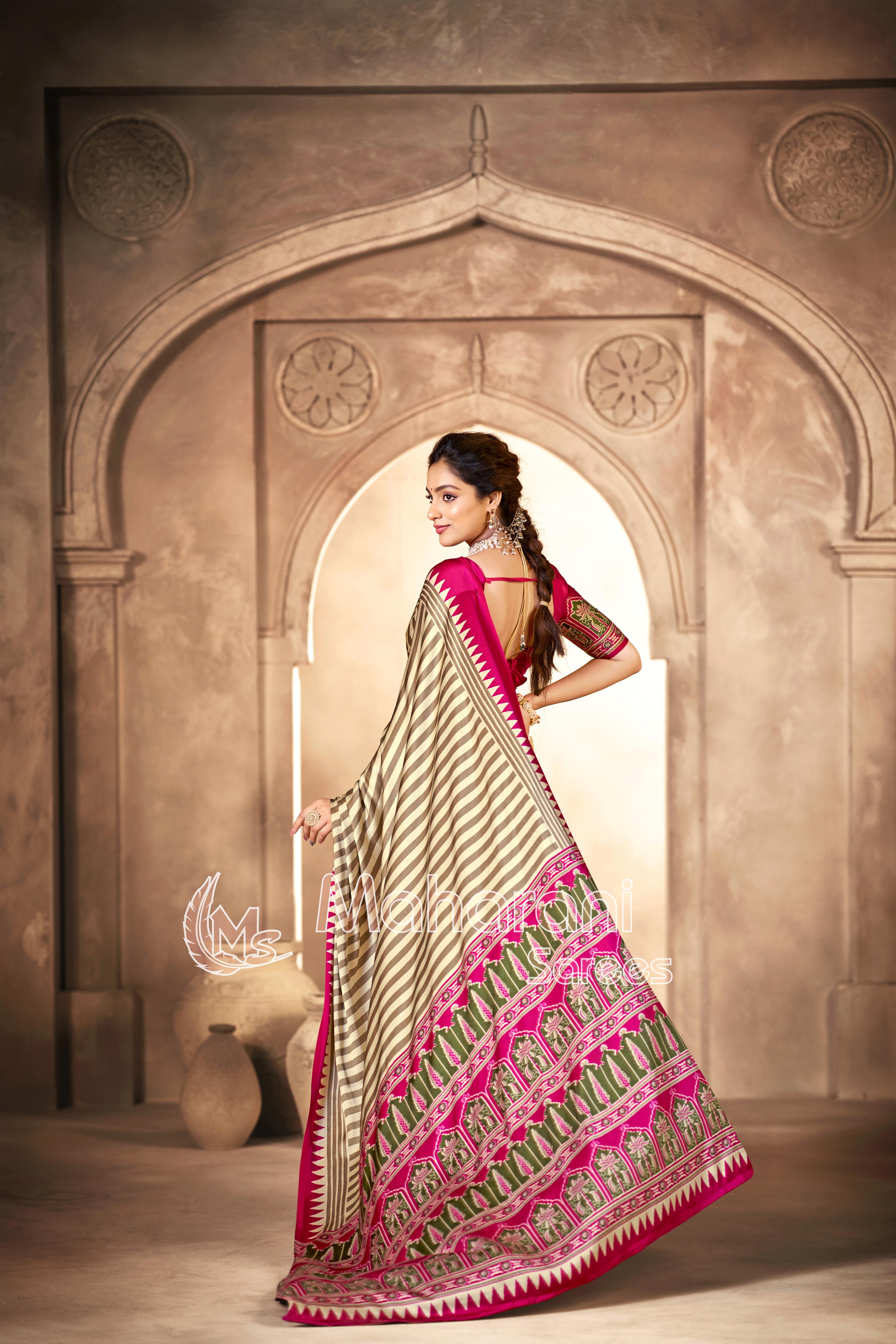 Cream With Rani Border Ajrakh Hand-Printed Modal Silk Saree