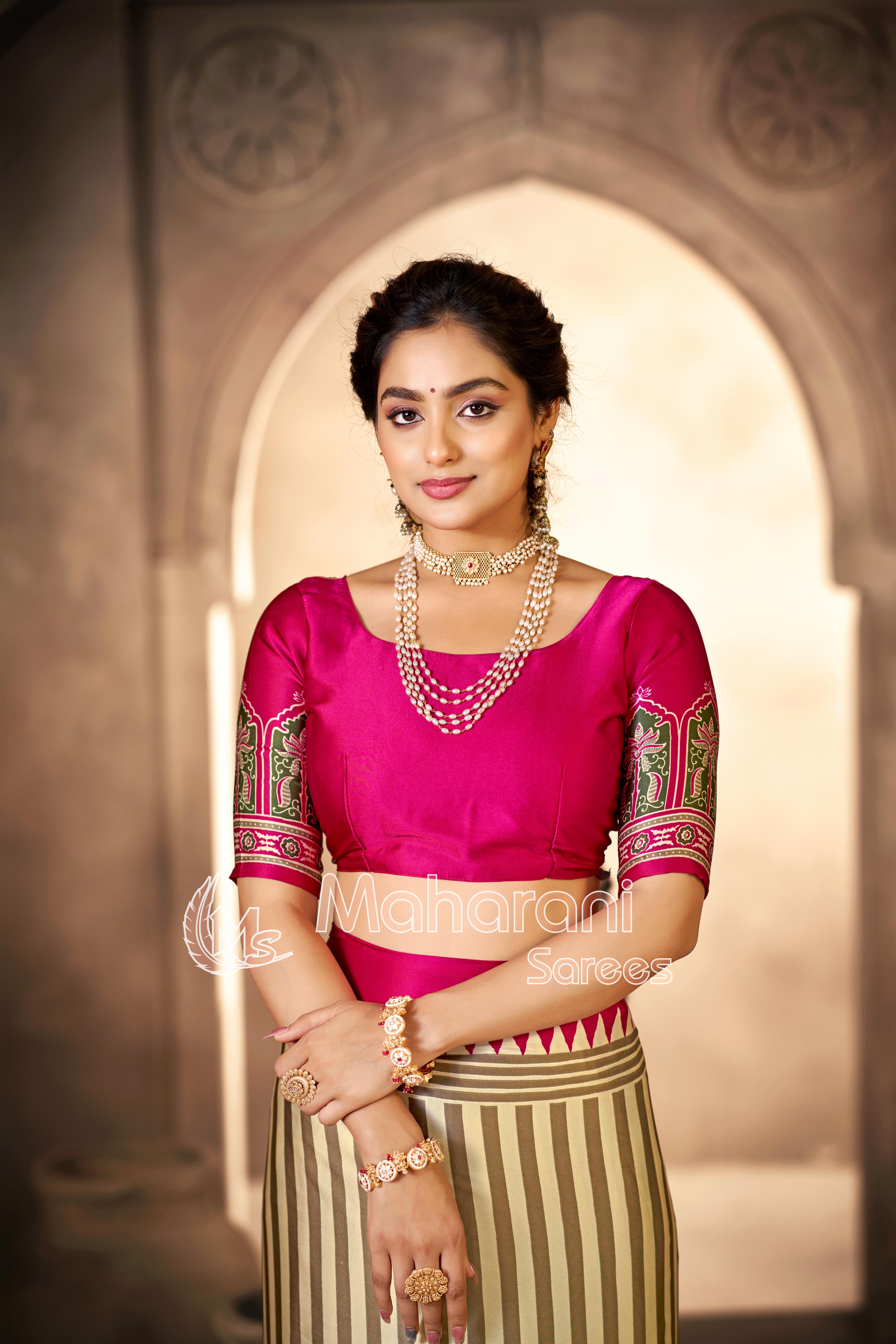 Cream With Rani Border Ajrakh Hand-Printed Modal Silk Saree