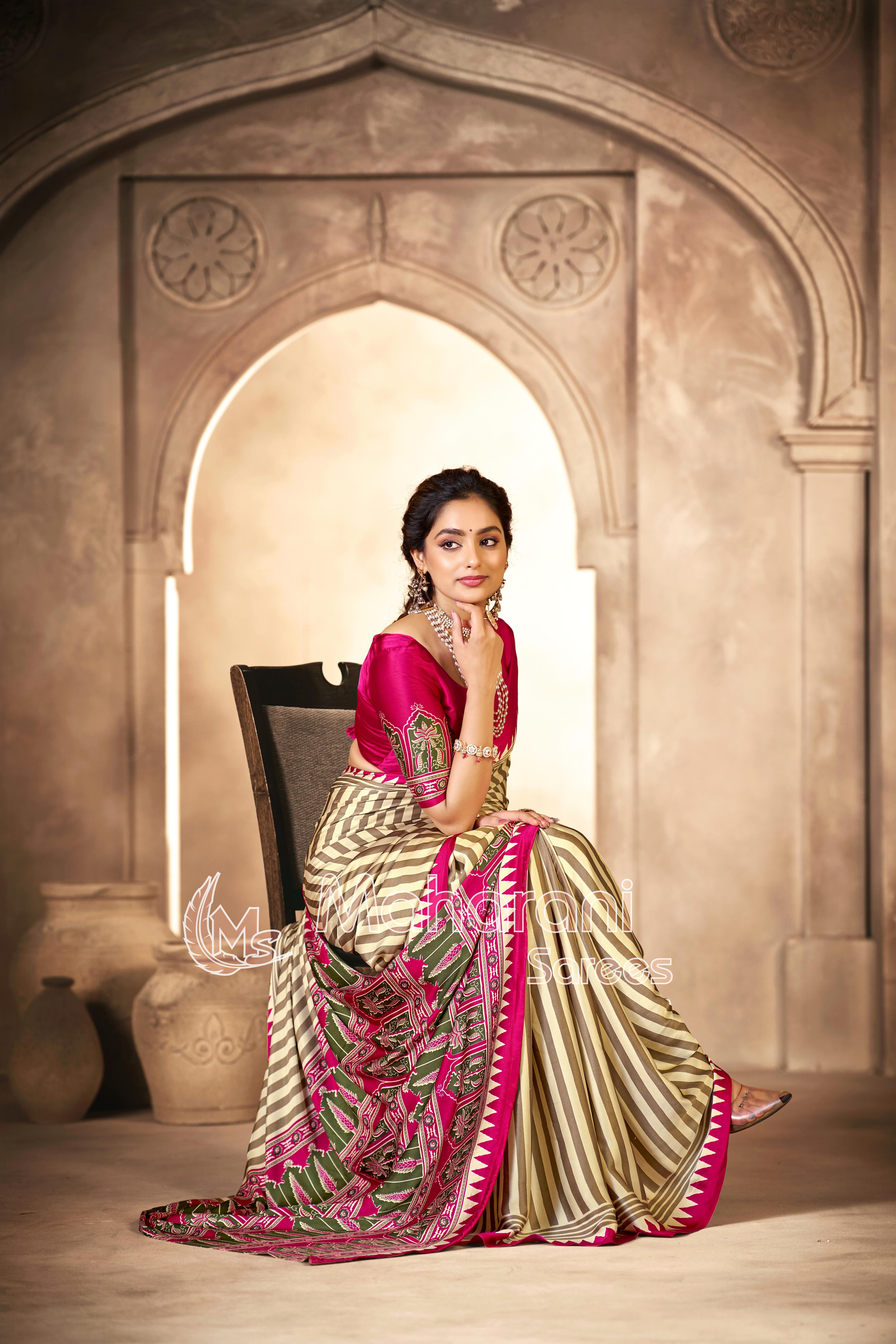 Cream With Rani Border Ajrakh Hand-Printed Modal Silk Saree