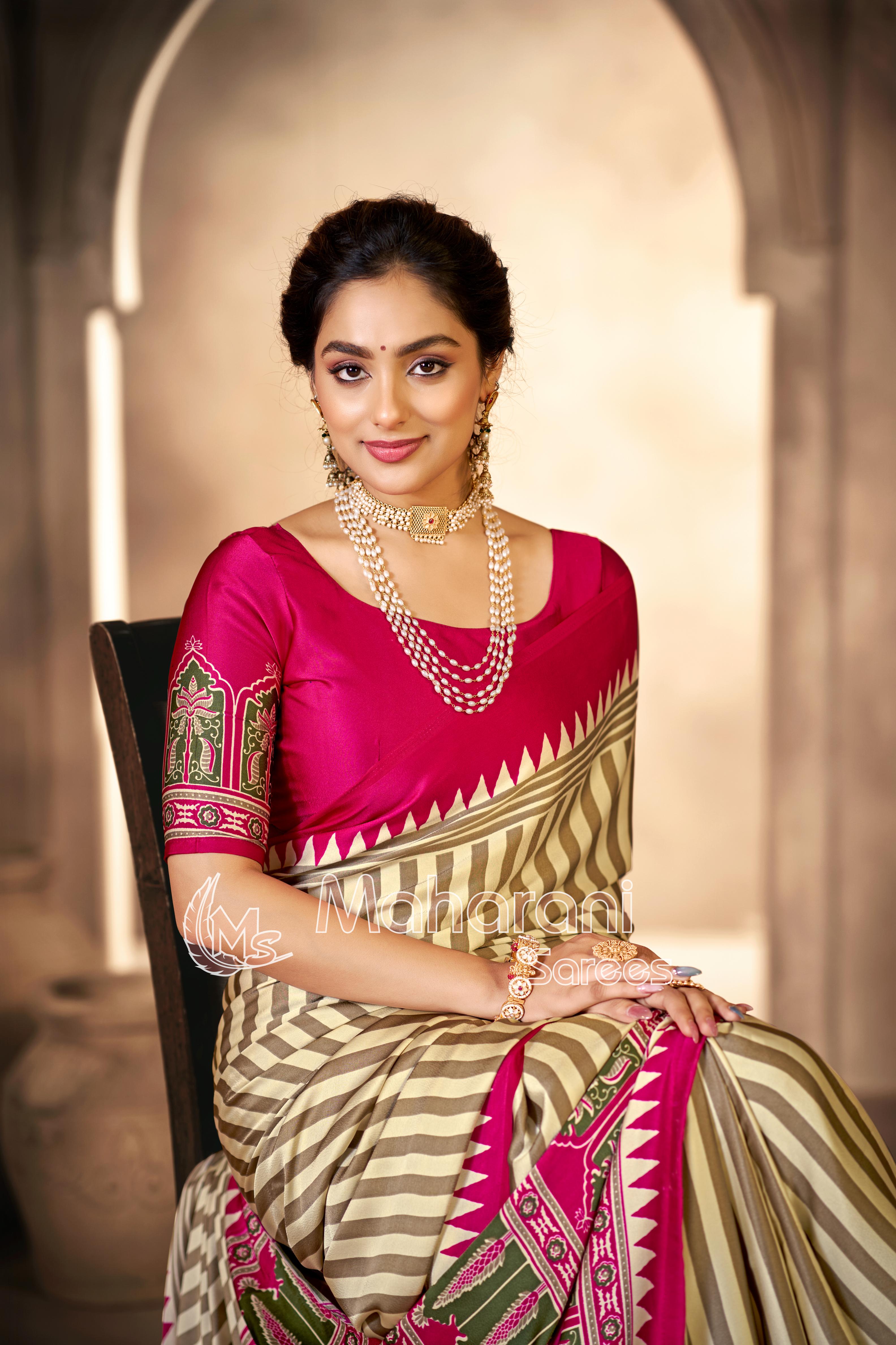 Cream With Rani Border Ajrakh Hand-Printed Modal Silk Saree