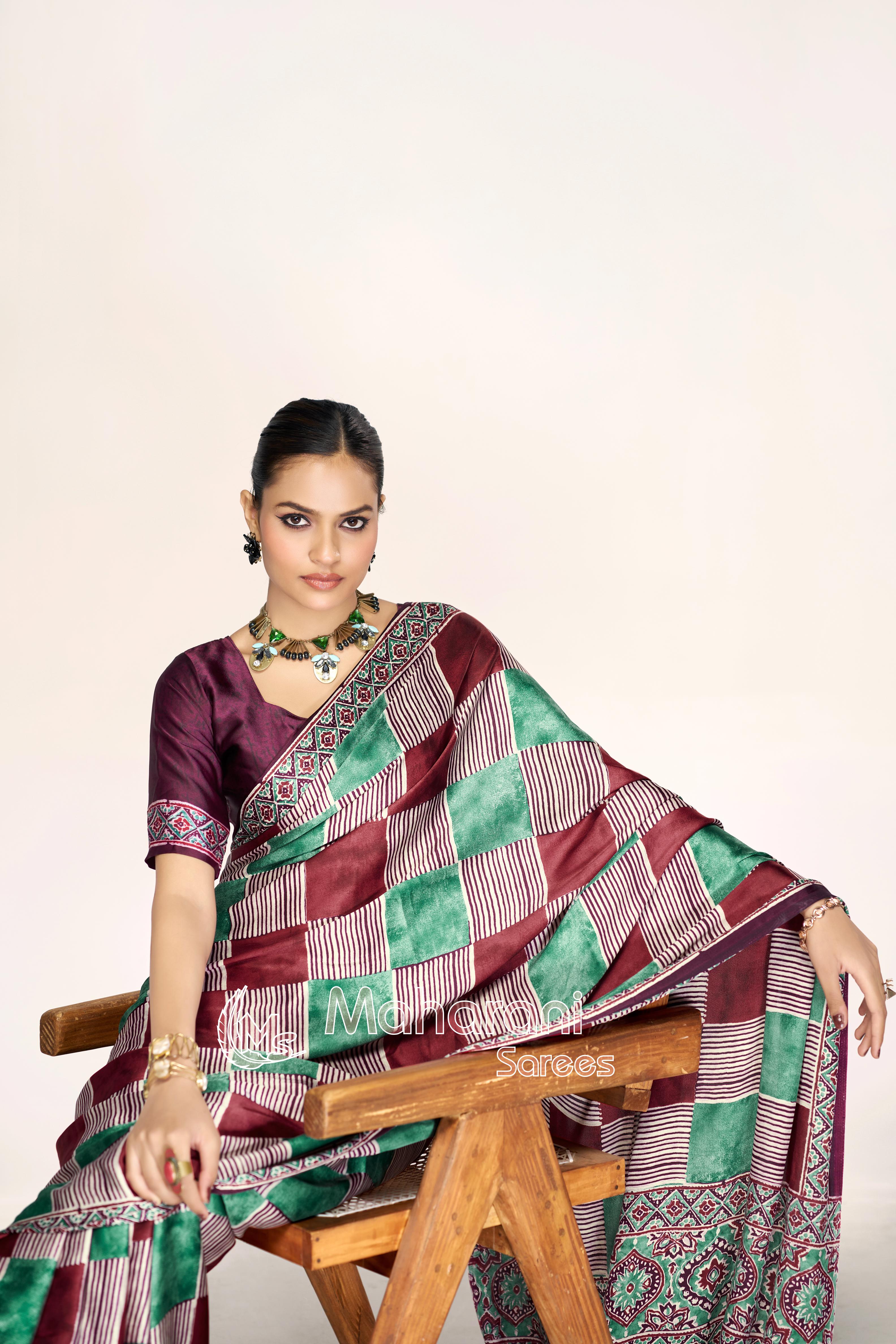 Iconic Multi Color Ajrakh Printed Modal Silk Saree P12