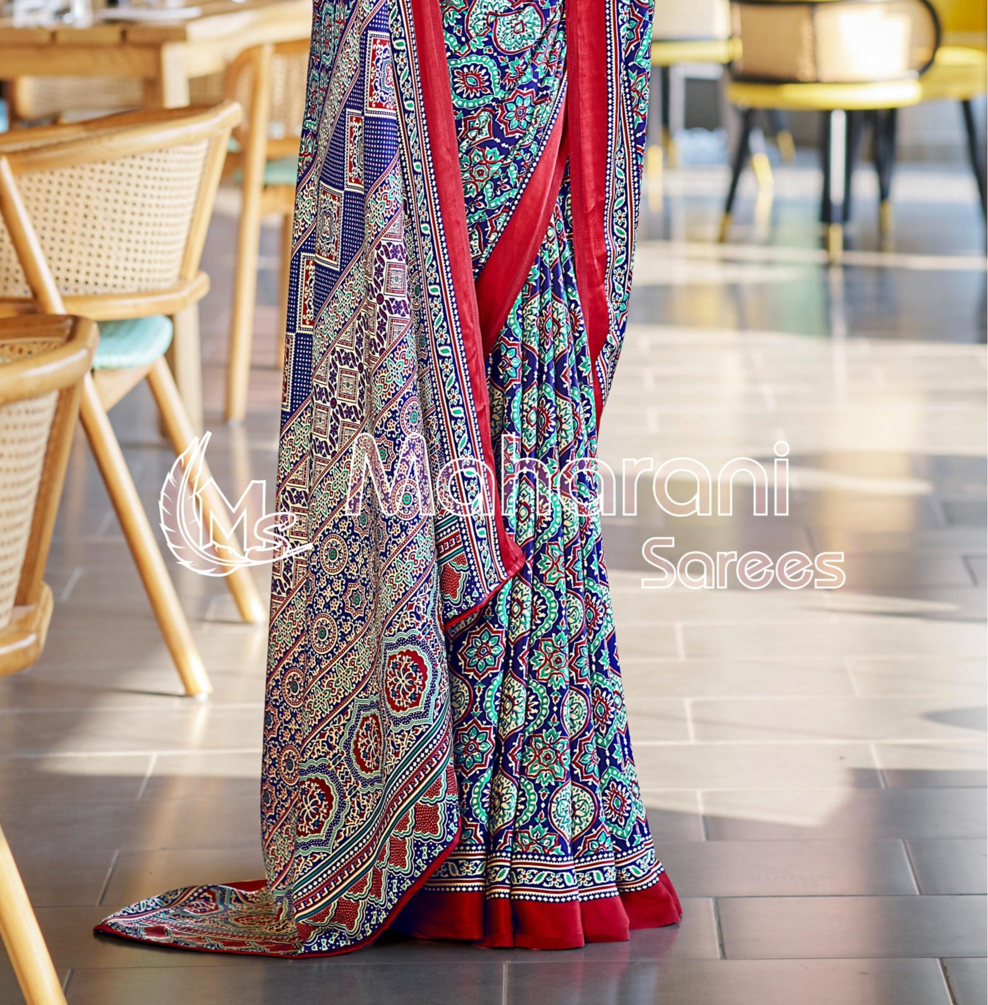 Vivid Blue Ajrakh Printed Soft Modal Silk Natural Print Saree