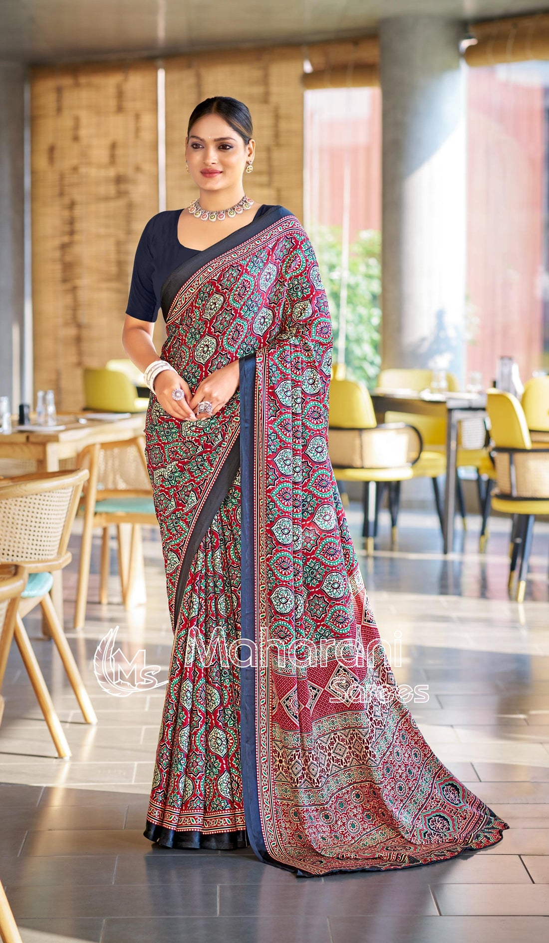 Luxurious Maroon Ajrakh Printed Soft Modal Silk Natural Print Saree P2