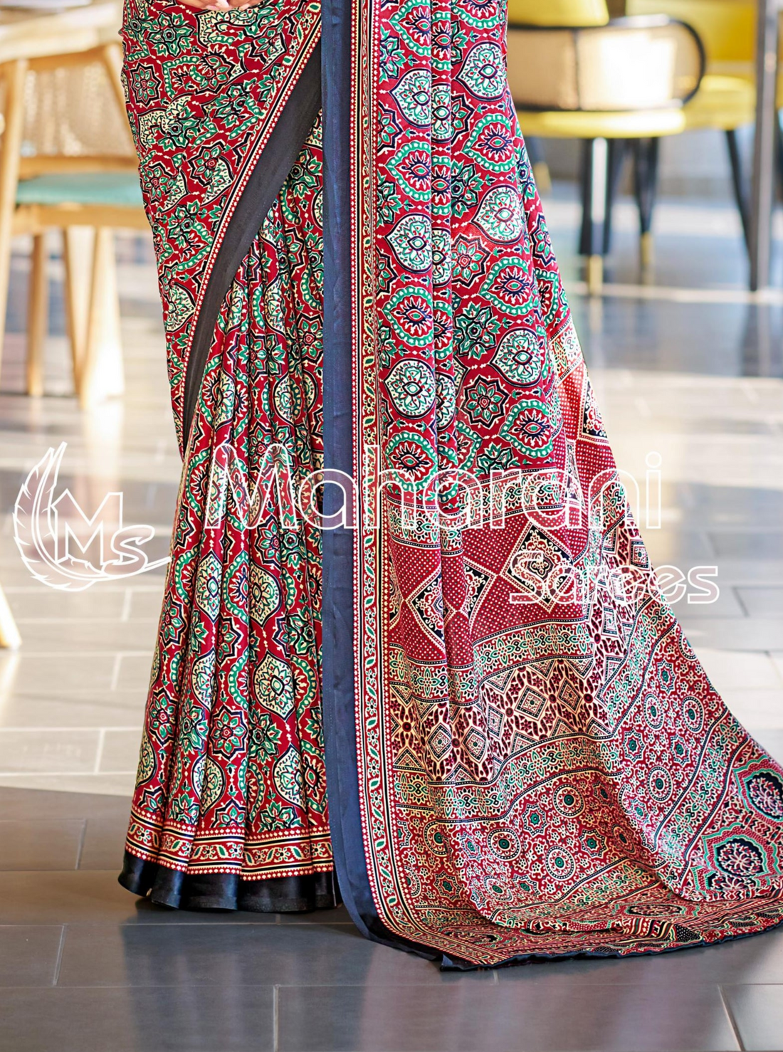 Luxurious Maroon Ajrakh Printed Soft Modal Silk Natural Print Saree P2