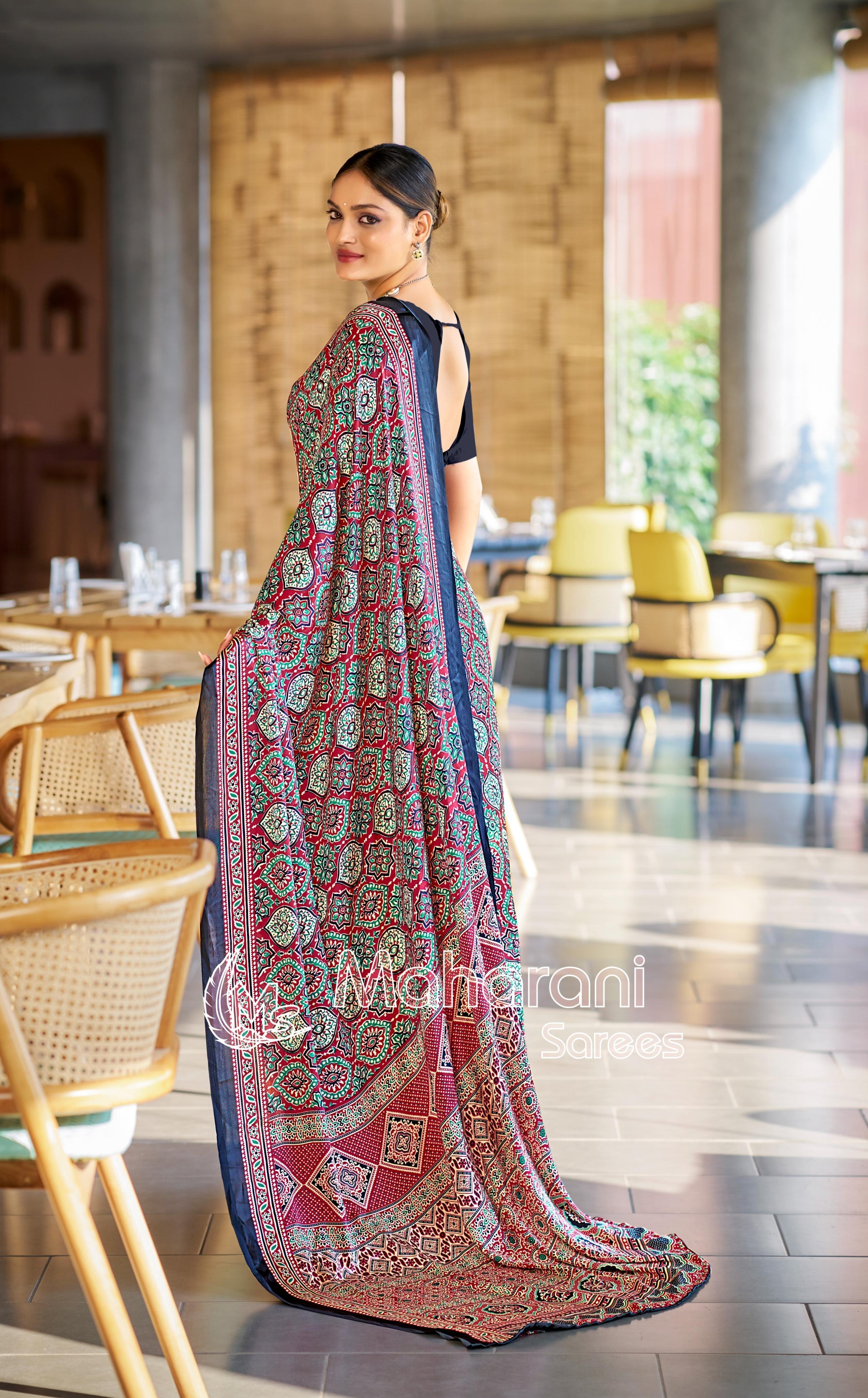 Luxurious Maroon Ajrakh Printed Soft Modal Silk Natural Print Saree P2