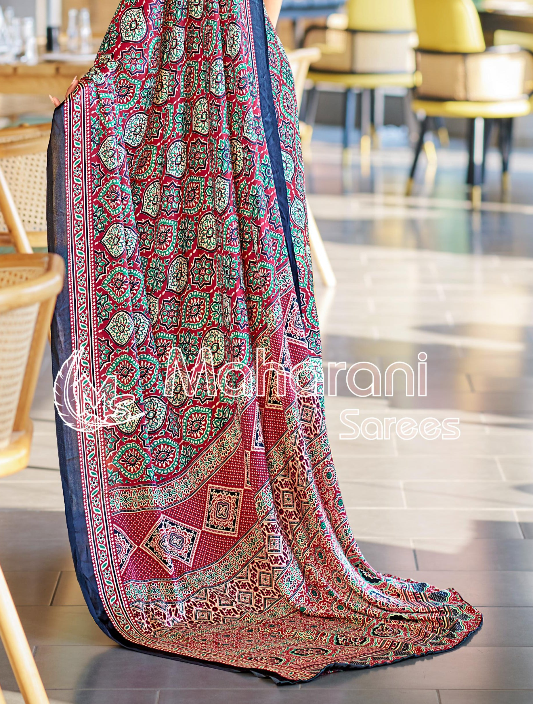 Luxurious Maroon Ajrakh Printed Soft Modal Silk Natural Print Saree P2