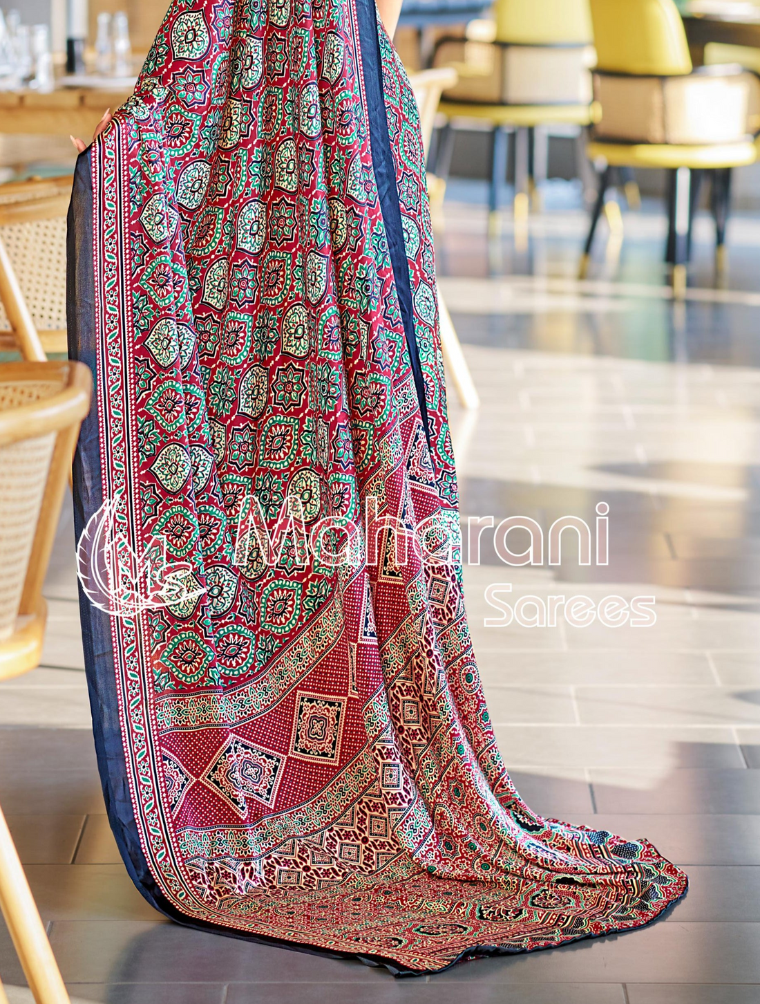 Luxurious Maroon Ajrakh Printed Soft Modal Silk Natural Print Saree P2
