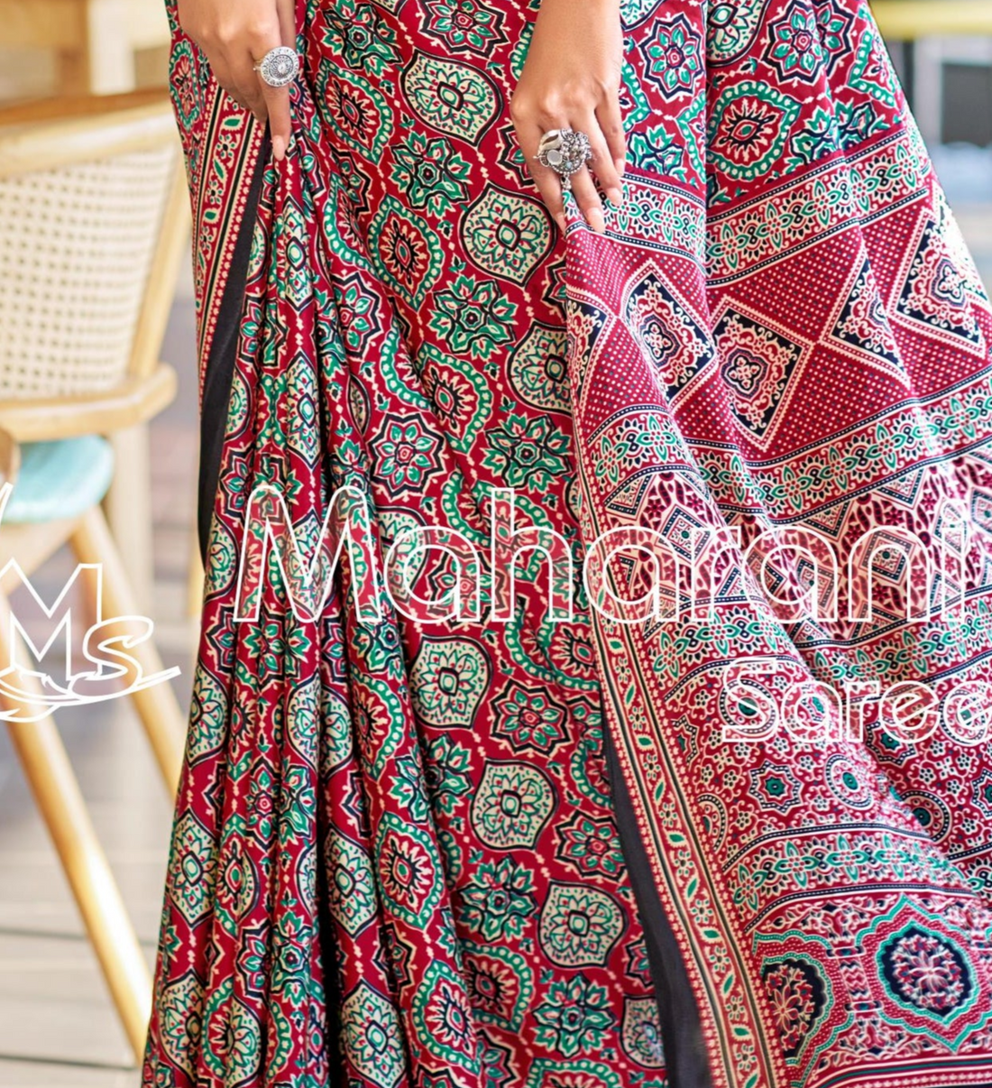 Luxurious Maroon Ajrakh Printed Soft Modal Silk Natural Print Saree P2