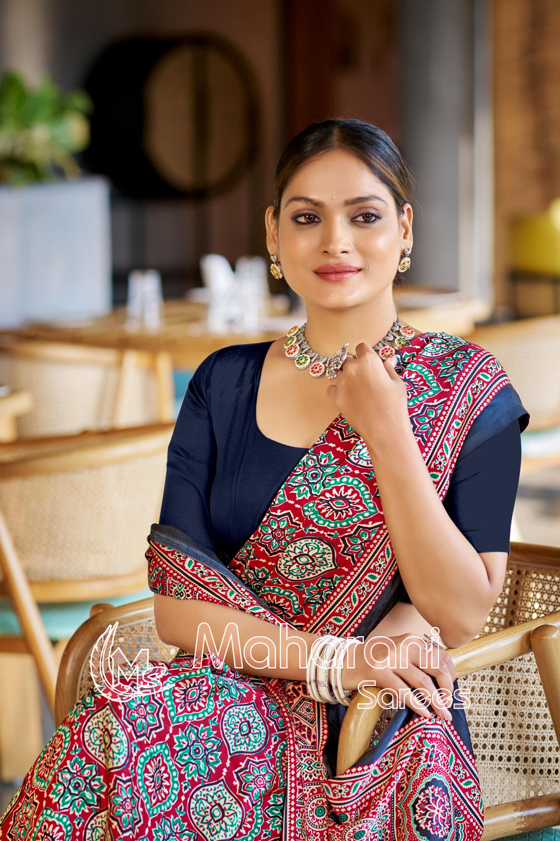 Luxurious Maroon Ajrakh Printed Soft Modal Silk Natural Print Saree P2