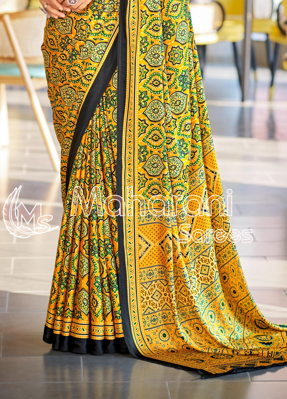 Brilliant Yellow Ajrakh Printed Soft Modal Silk Natural Print Saree P2