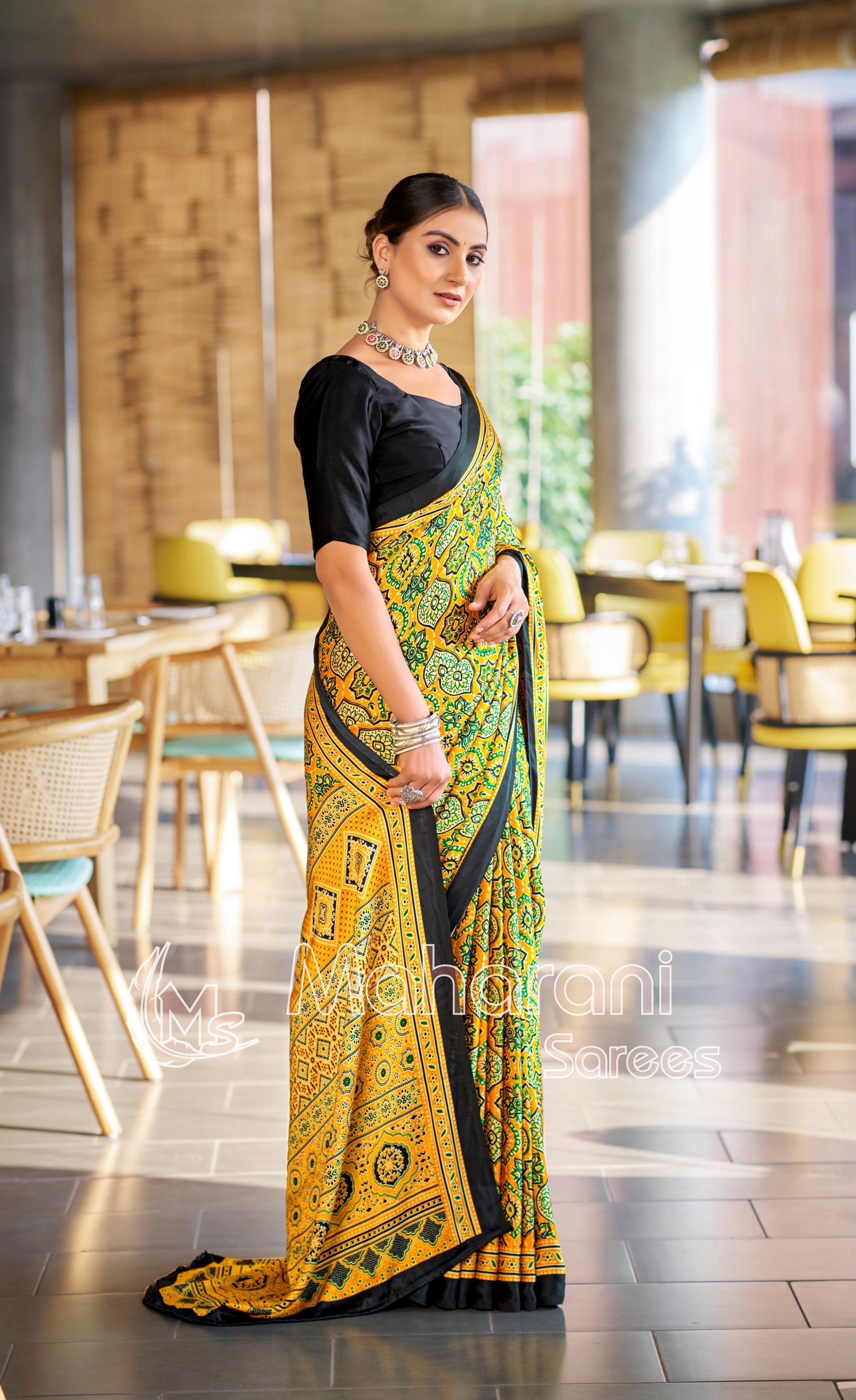 Brilliant Yellow Ajrakh Printed Soft Modal Silk Natural Print Saree P2