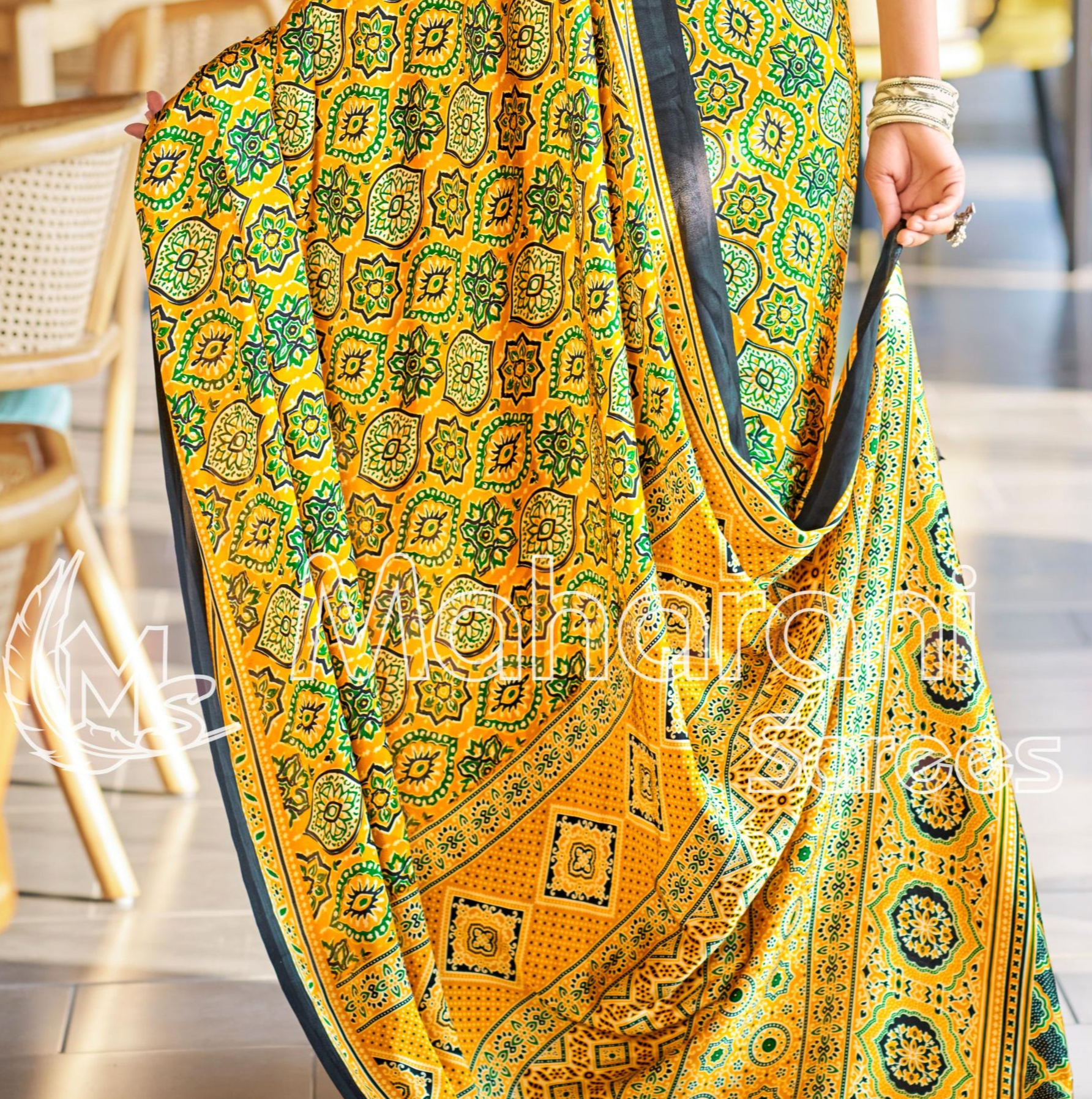 Brilliant Yellow Ajrakh Printed Soft Modal Silk Natural Print Saree P2