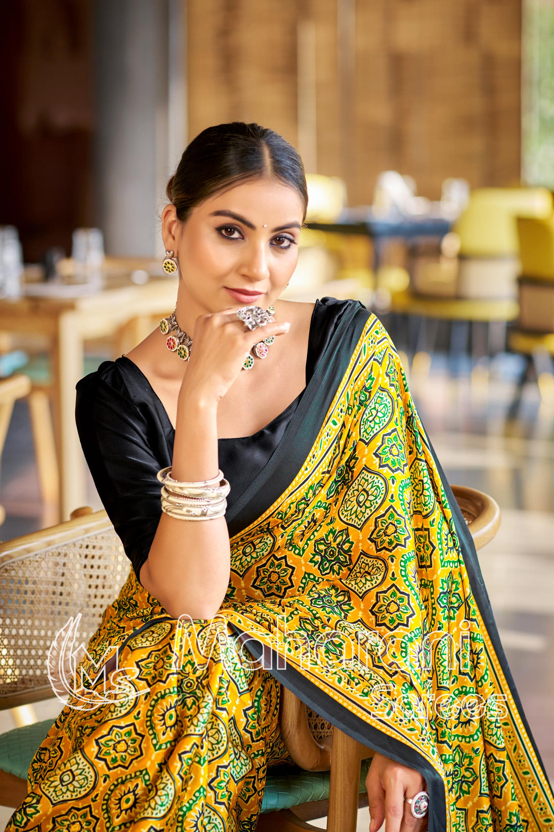 Brilliant Yellow Ajrakh Printed Soft Modal Silk Natural Print Saree P2