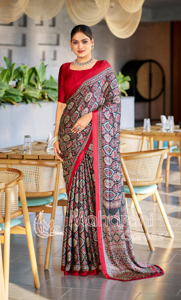 Majestic Black and Maroon Ajrakh Printed Soft Modal Silk Natural Print Saree P2
