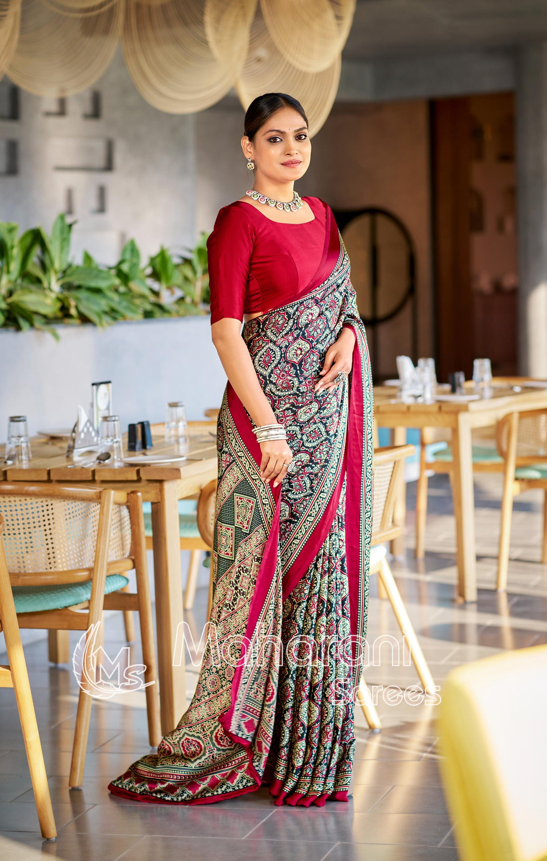 Majestic Black and Maroon Ajrakh Printed Soft Modal Silk Natural Print Saree P2