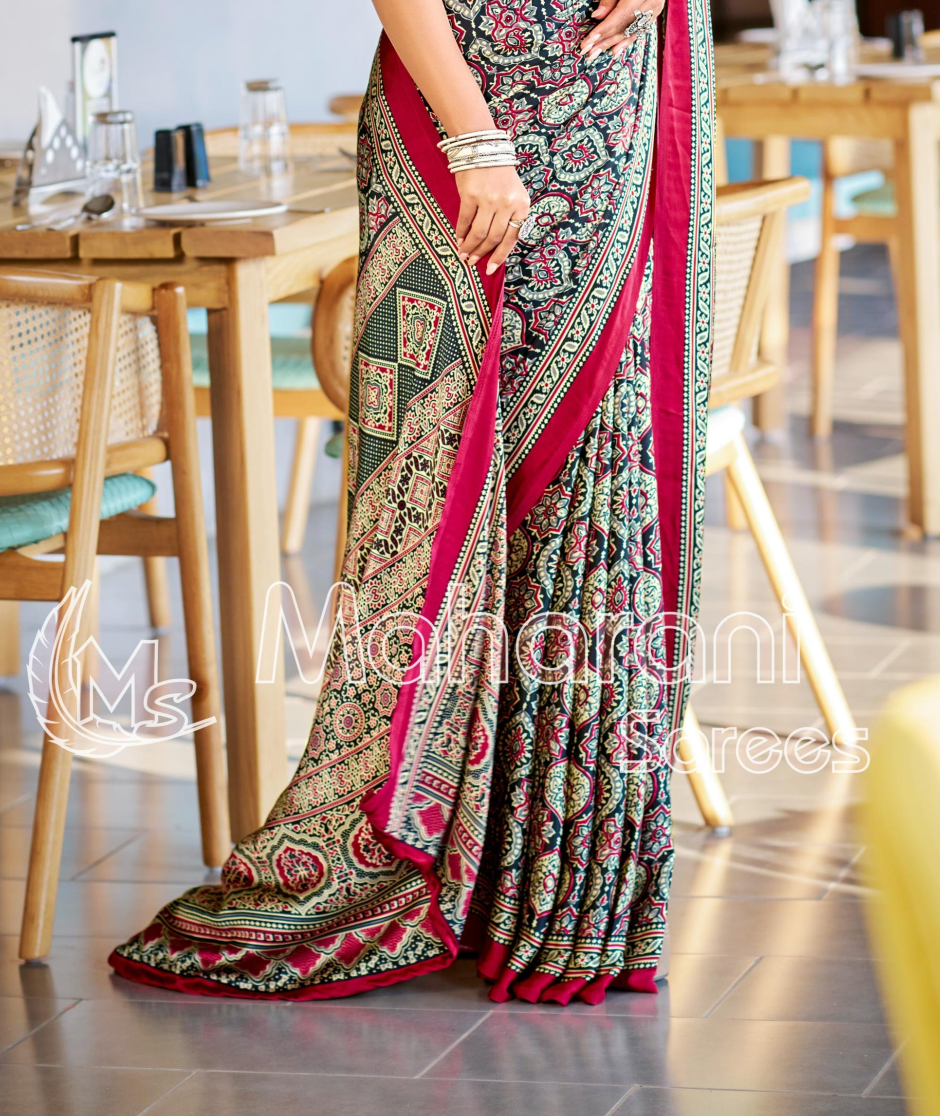 Majestic Black and Maroon Ajrakh Printed Soft Modal Silk Natural Print Saree P2