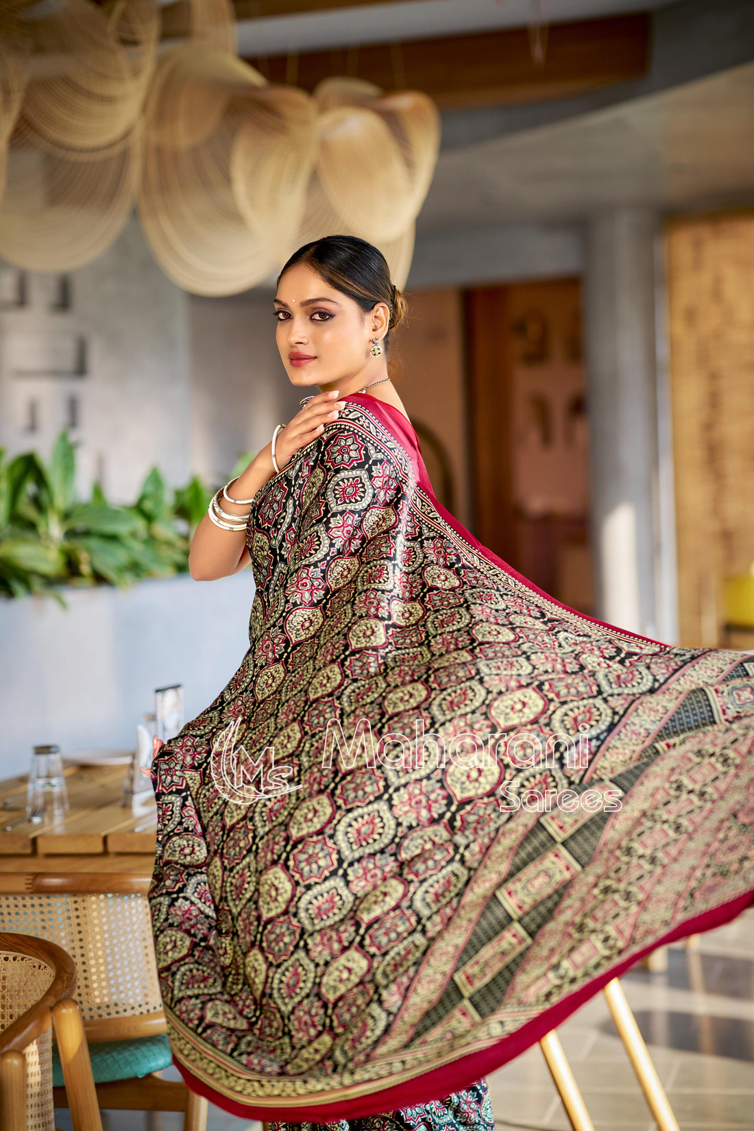 Majestic Black and Maroon Ajrakh Printed Soft Modal Silk Natural Print Saree P2