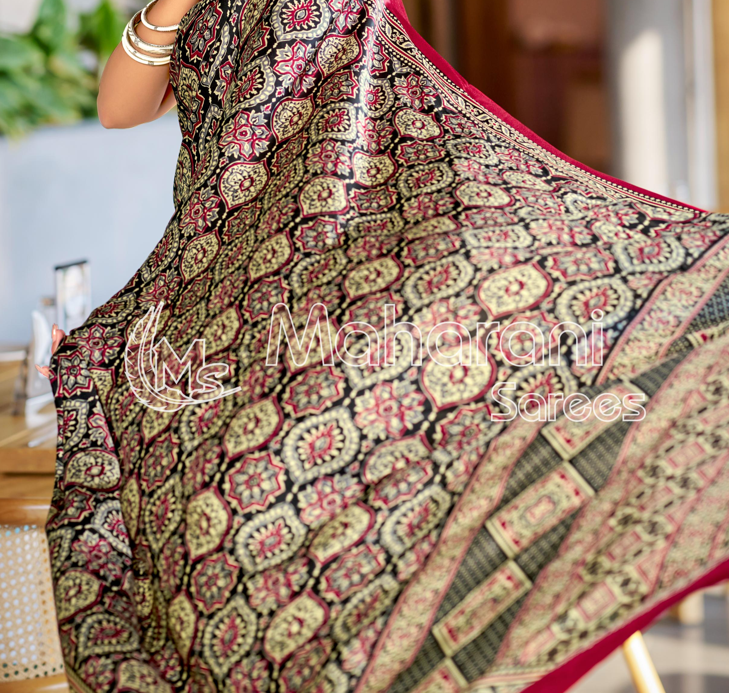 Majestic Black and Maroon Ajrakh Printed Soft Modal Silk Natural Print Saree P2