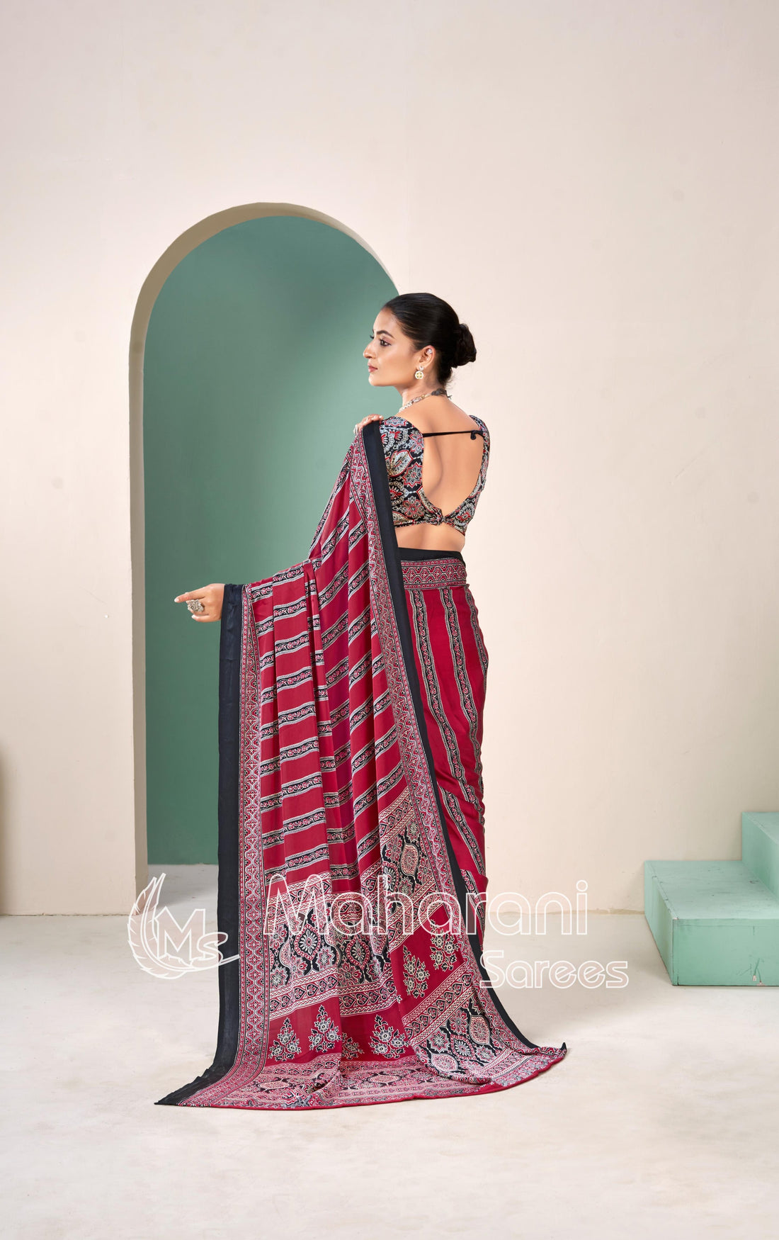 Maroon Premium Striped Ajrakh Hand-Printed Modal Silk Saree