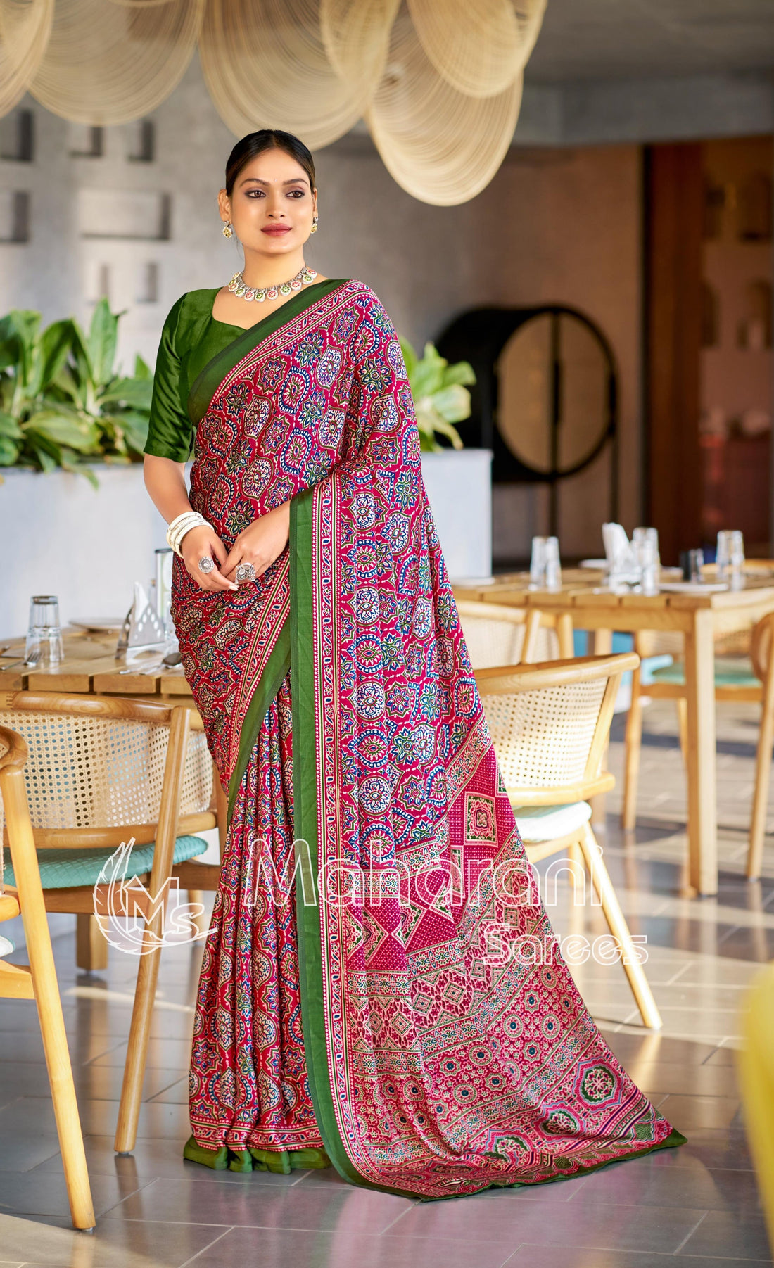Colorful Rani Ajrakh Printed Soft Modal Silk Natural Print Saree P2