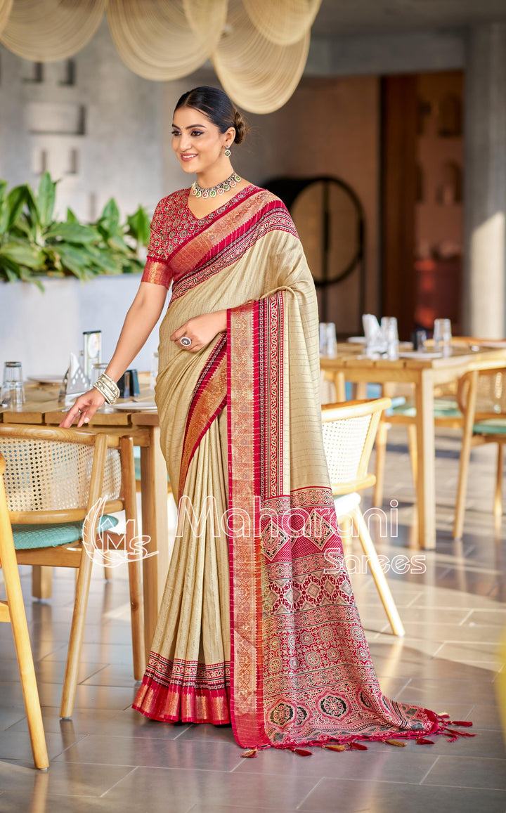 Maroon And Cream Ajrakh Pashmina Modal silk Saree
