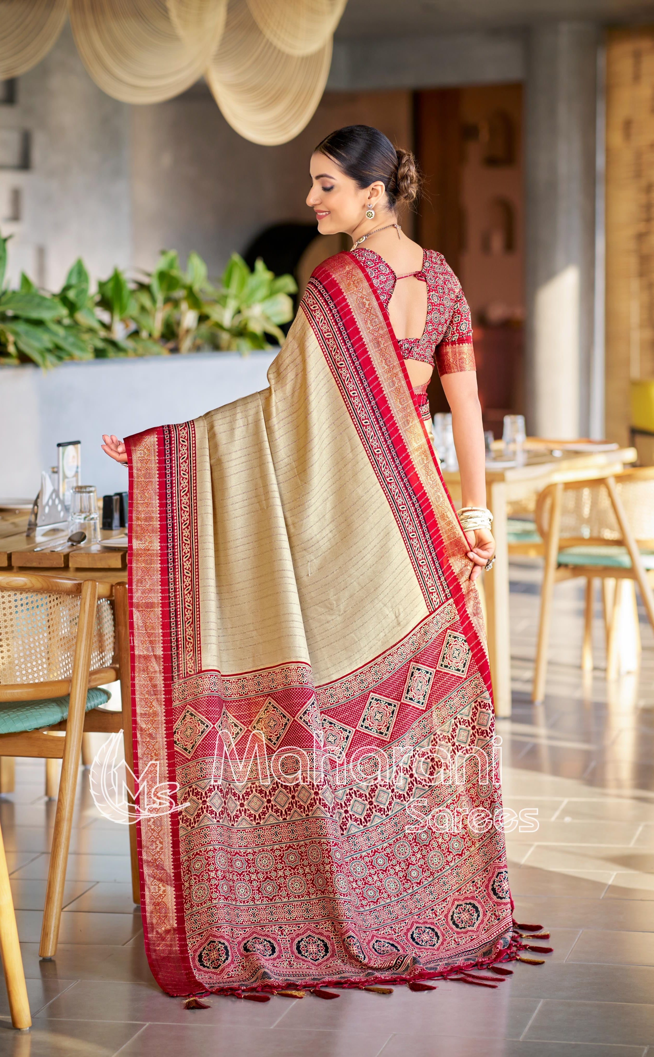 Maroon And Cream Ajrakh Pashmina Modal silk Saree