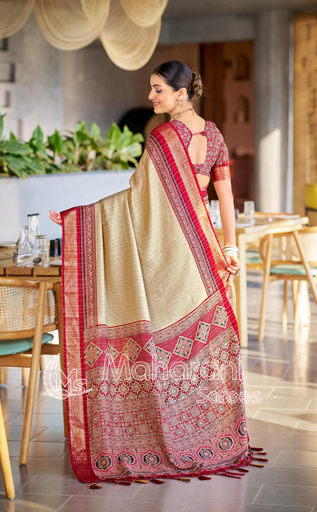 Maroon And Cream Ajrakh Pashmina Modal silk Saree