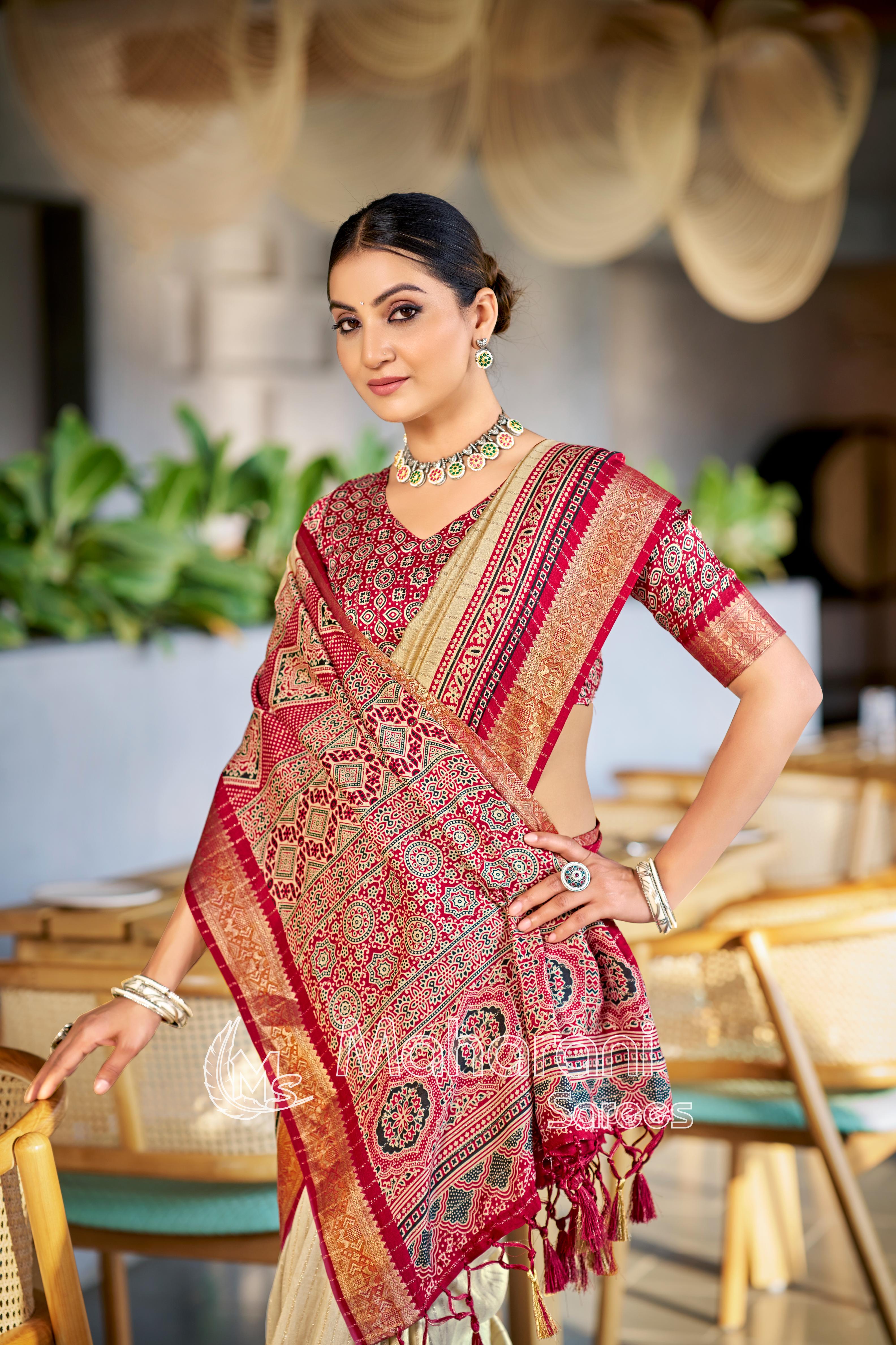 Maroon And Cream Ajrakh Pashmina Modal silk Saree