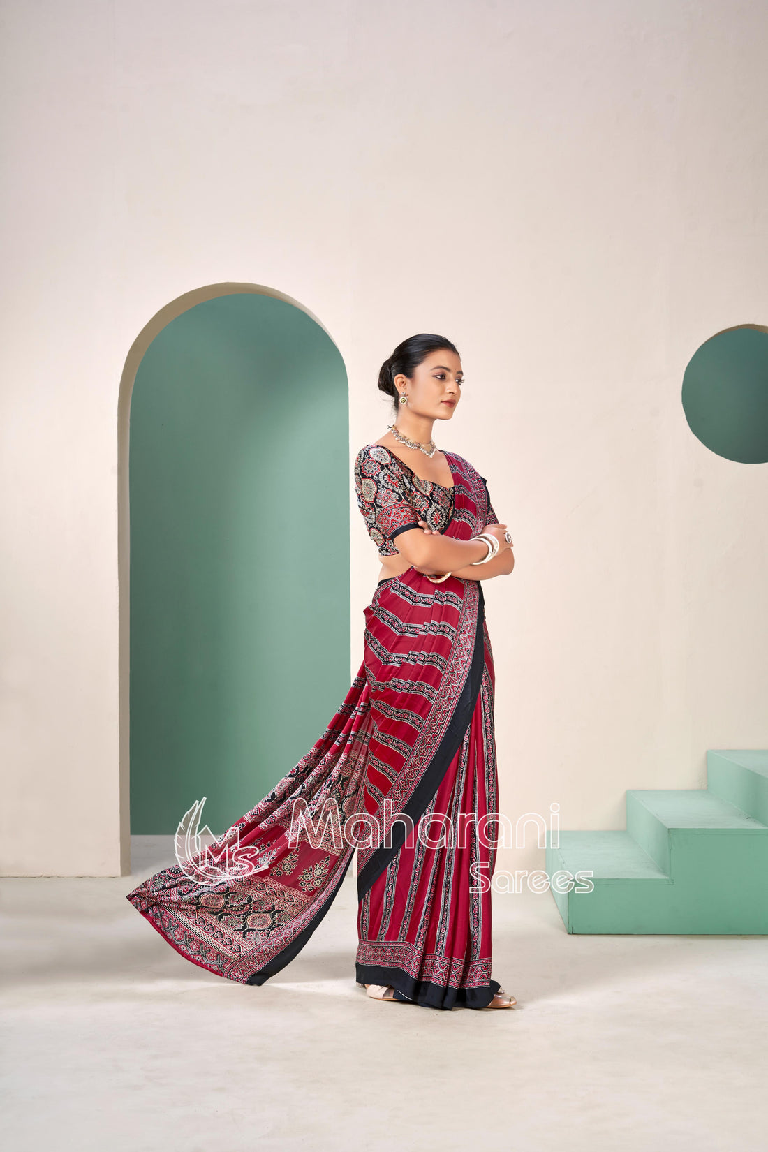 Maroon Premium Striped Ajrakh Hand-Printed Modal Silk Saree