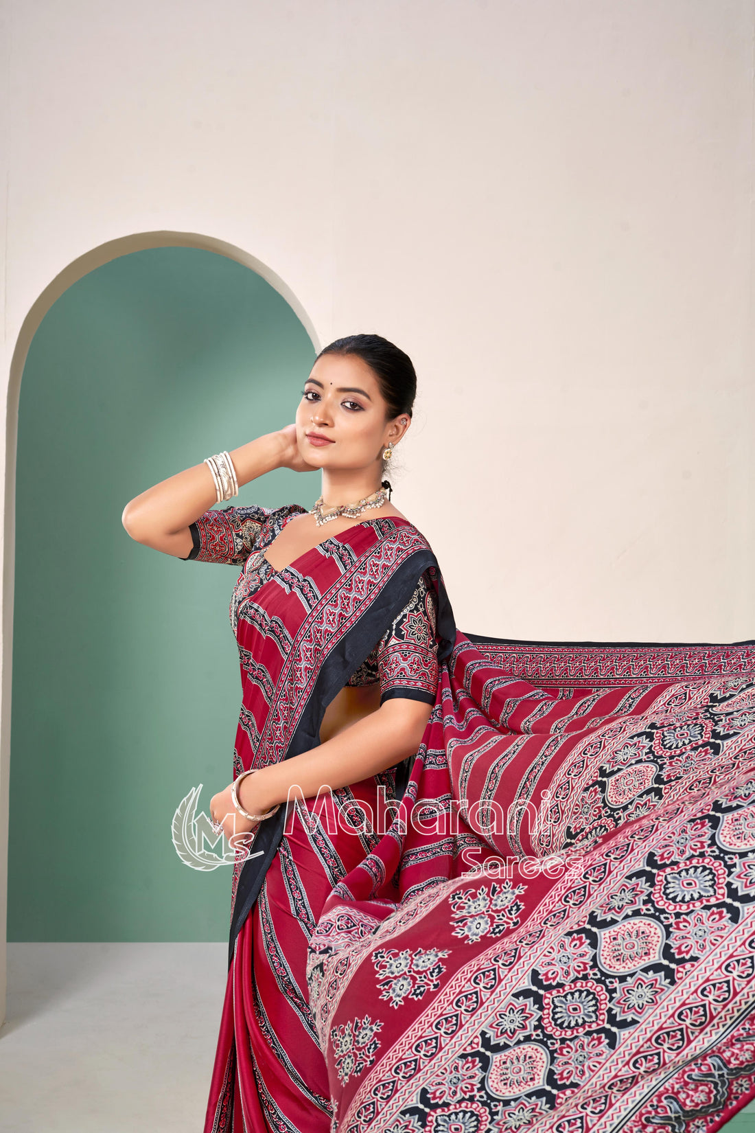 Maroon Premium Striped Ajrakh Hand-Printed Modal Silk Saree