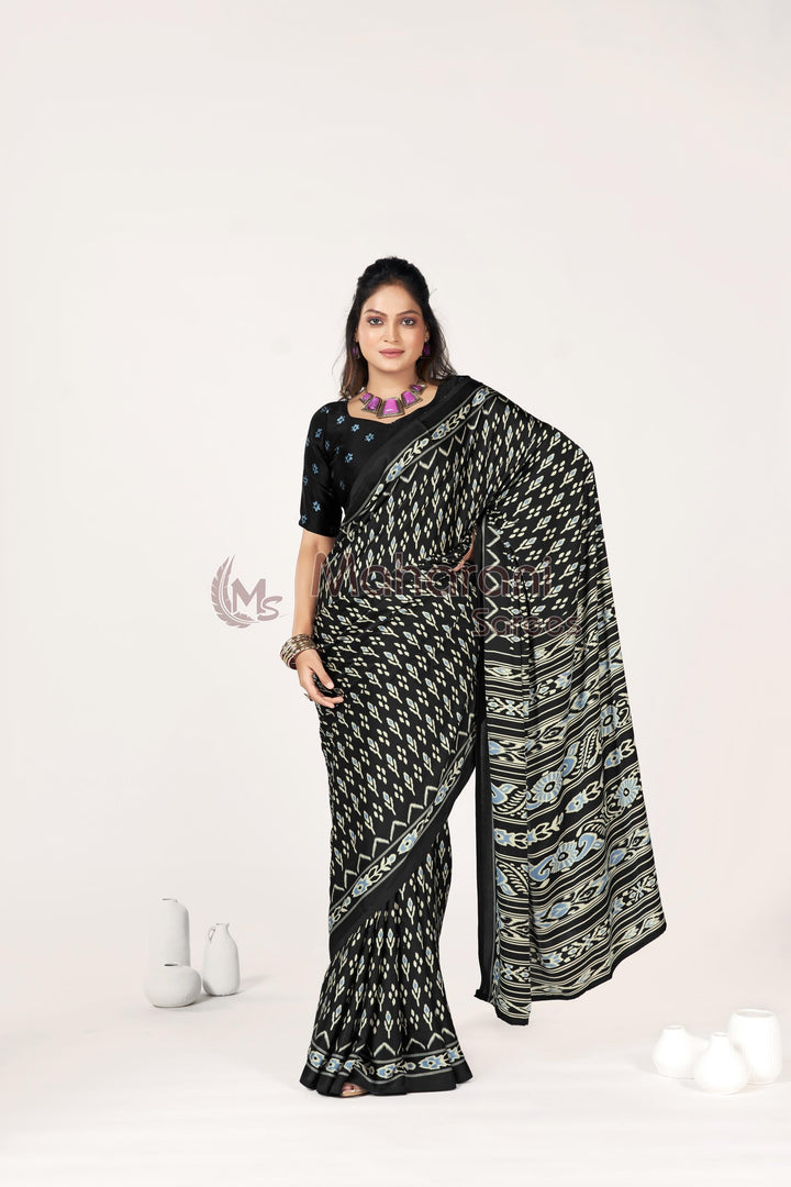 Black Ajrakh Patola Natural Printed Soft Modal Silk Saree