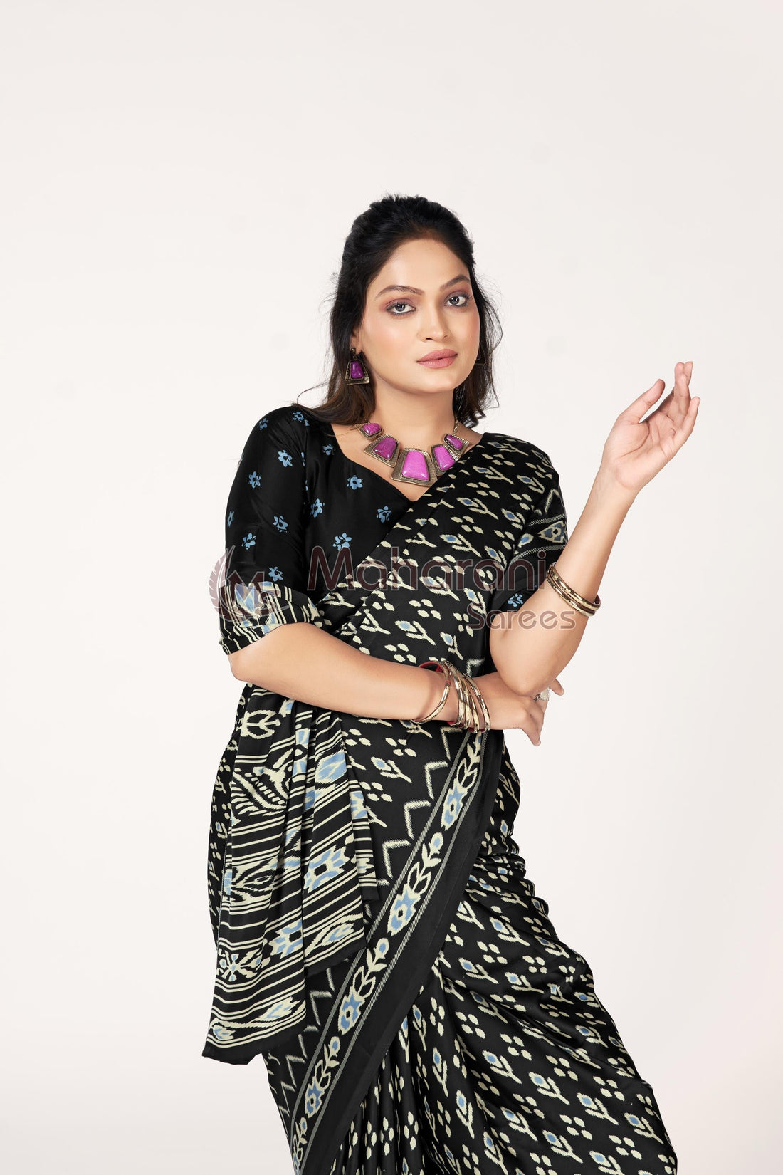 Black Ajrakh Patola Natural Printed Soft Modal Silk Saree