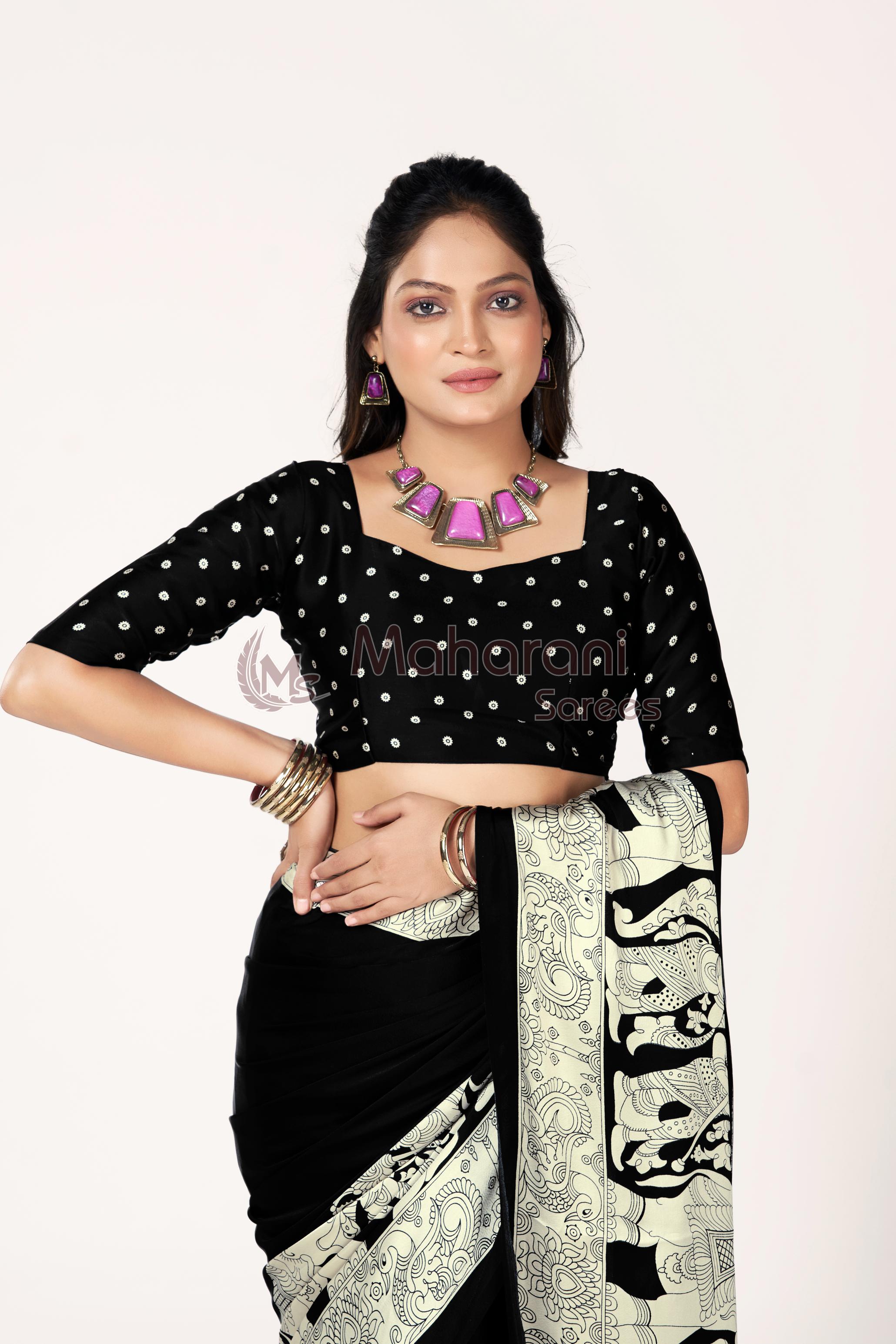 Black Ajrakh kalamkari Printed Moadal Silk Saree With Fancy Pallu