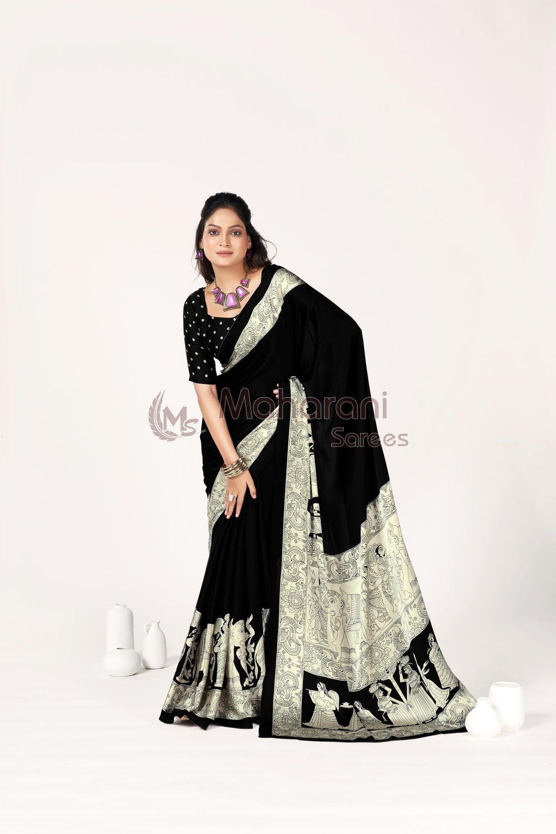 Black Ajrakh kalamkari Printed Moadal Silk Saree With Fancy Pallu
