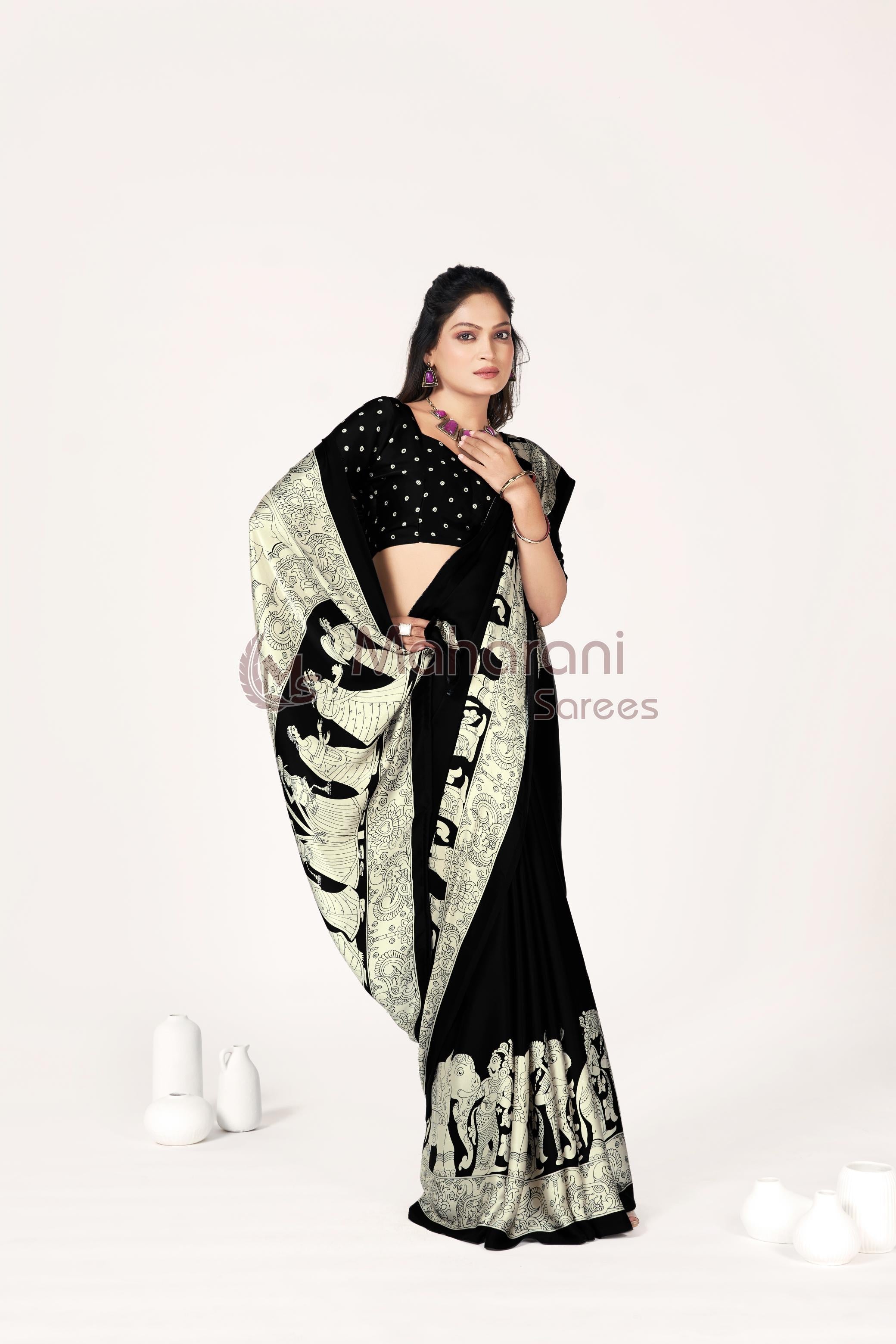 Black Ajrakh kalamkari Printed Moadal Silk Saree With Fancy Pallu