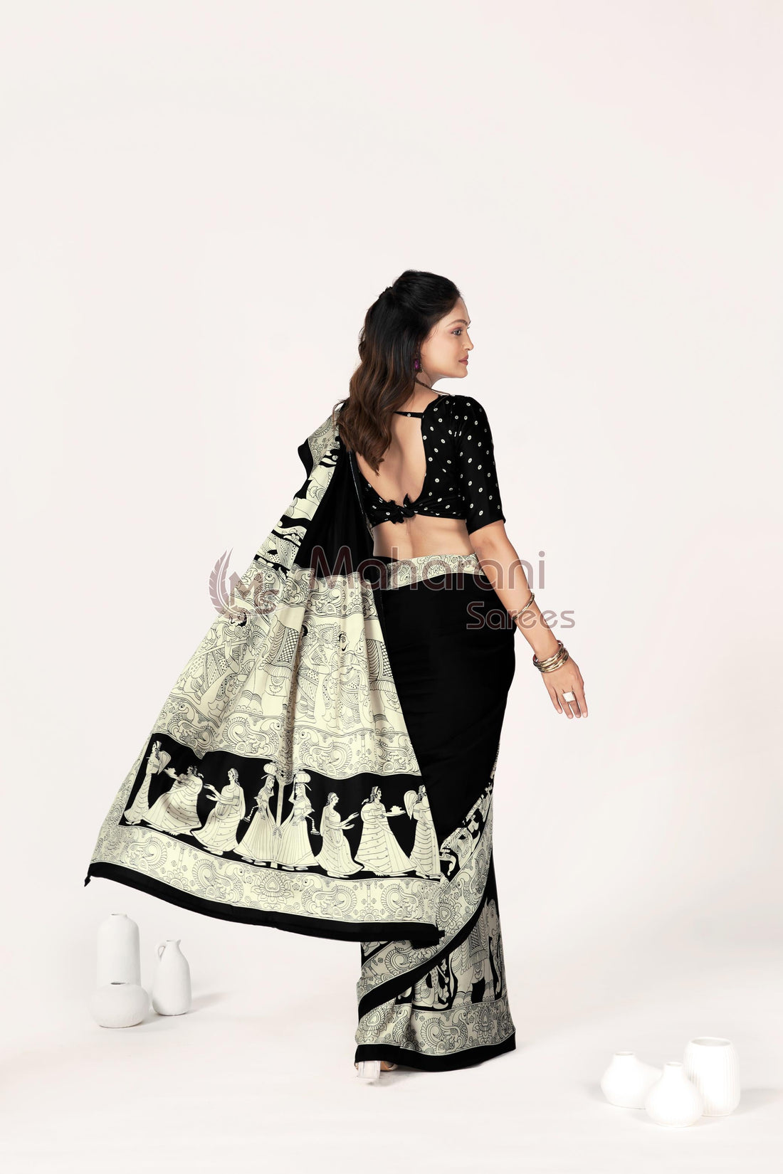Black Ajrakh kalamkari Printed Moadal Silk Saree With Fancy Pallu