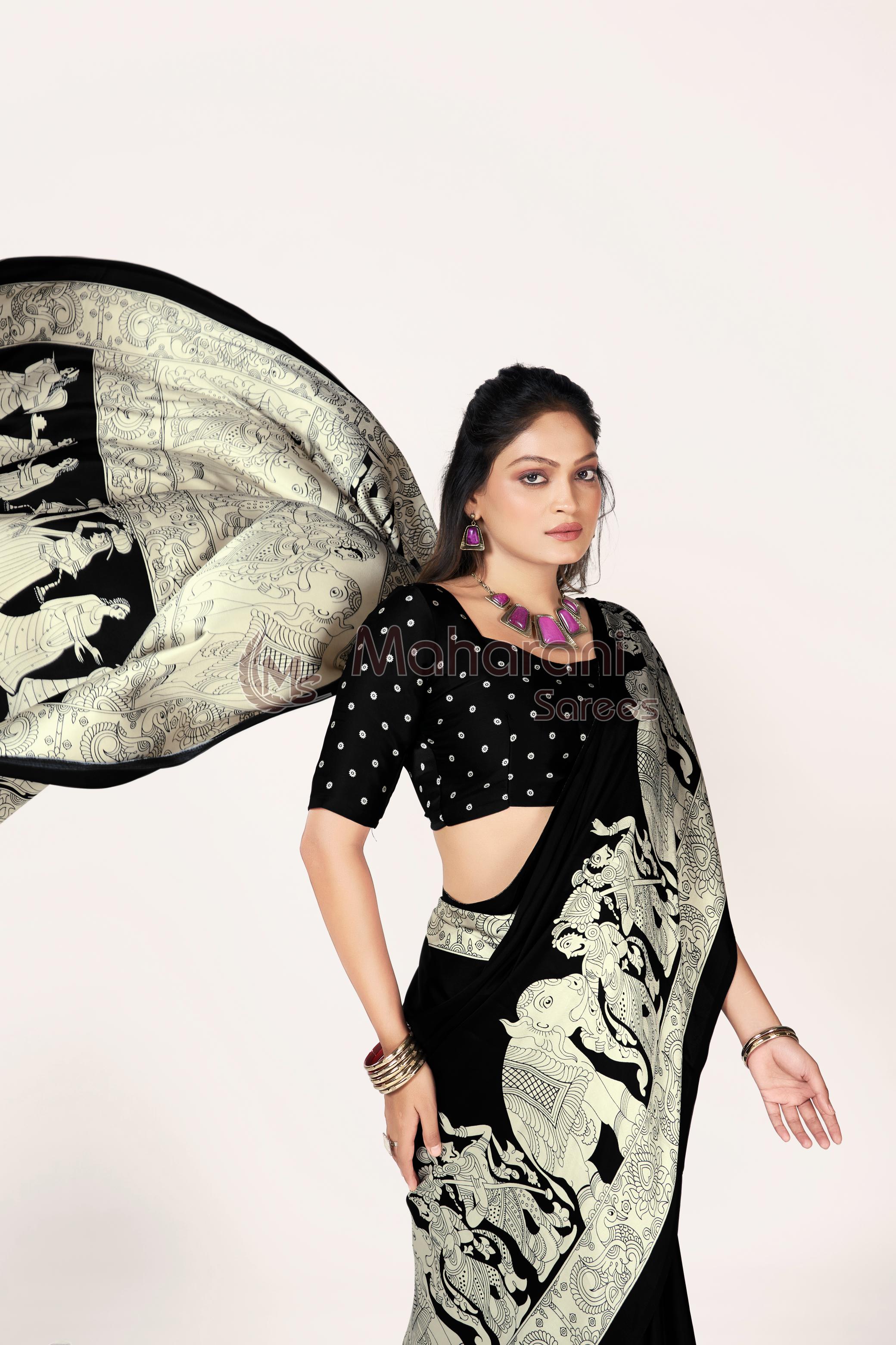 Black Ajrakh kalamkari Printed Moadal Silk Saree With Fancy Pallu