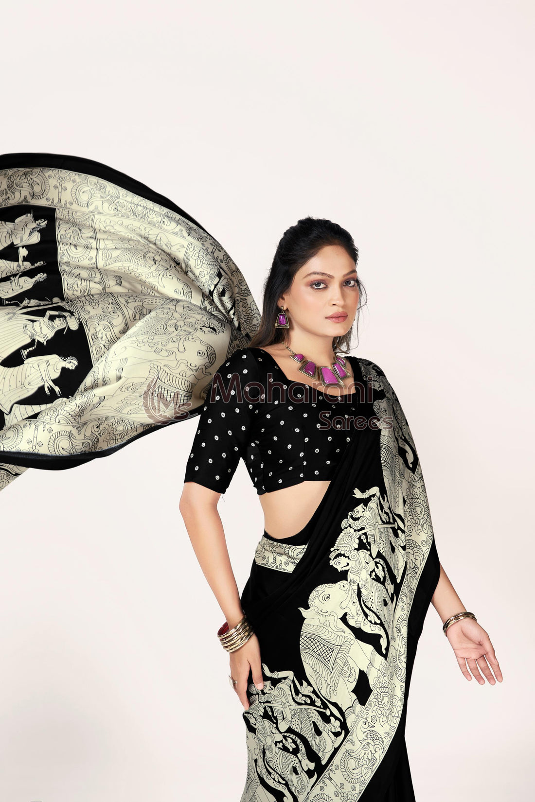 Black Ajrakh kalamkari Printed Moadal Silk Saree With Fancy Pallu