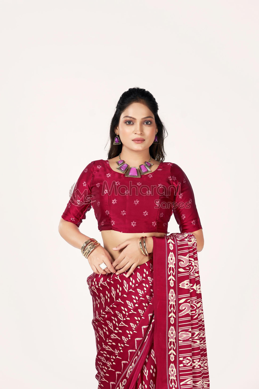 Maroon Ajrakh Patola Natural Printed Soft Modal Silk Saree